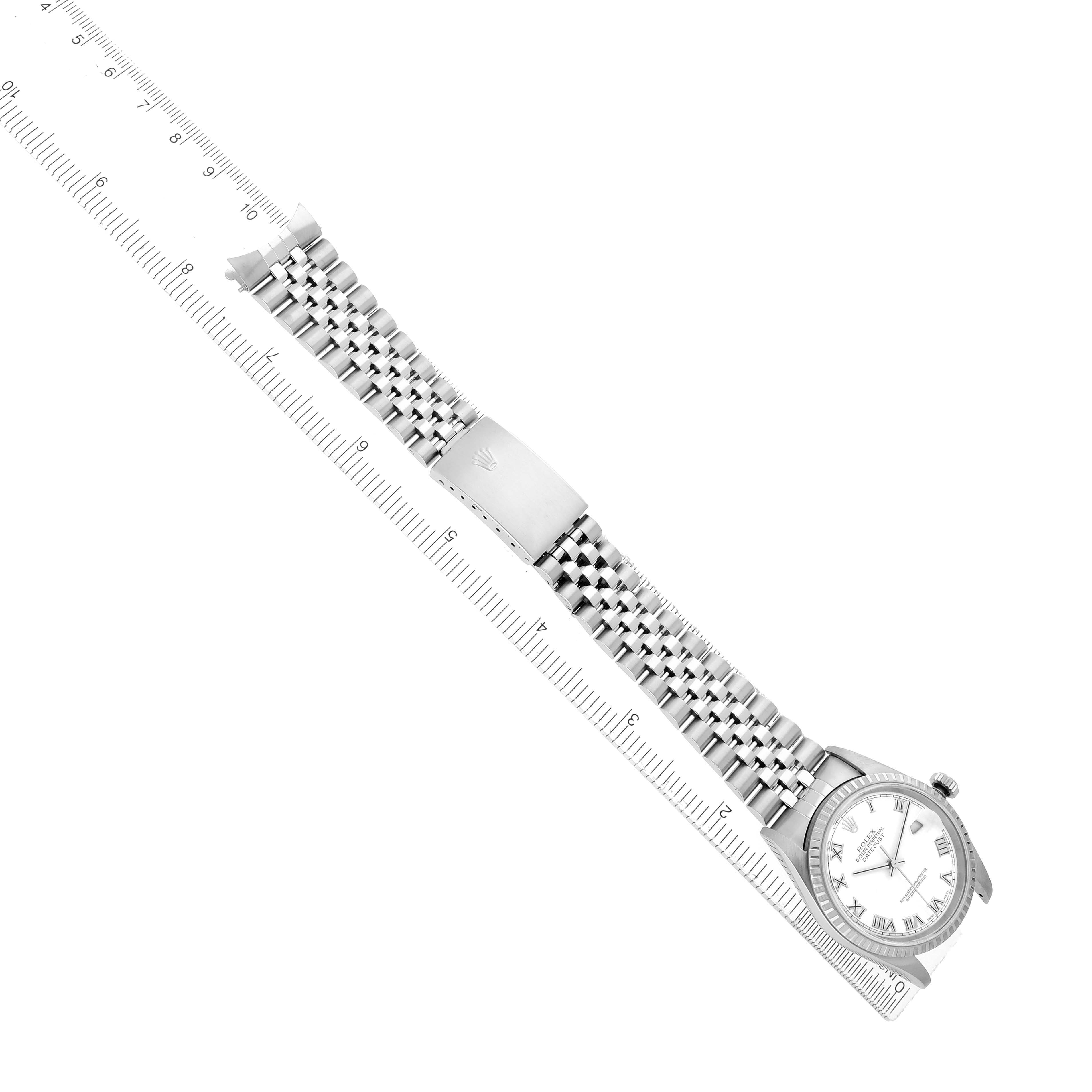The Rolex Datejust 16220 Men's Stainless Steel White Dial watch is shown from a top-down angle, displaying the face, bezel, bracelet, and clasp.