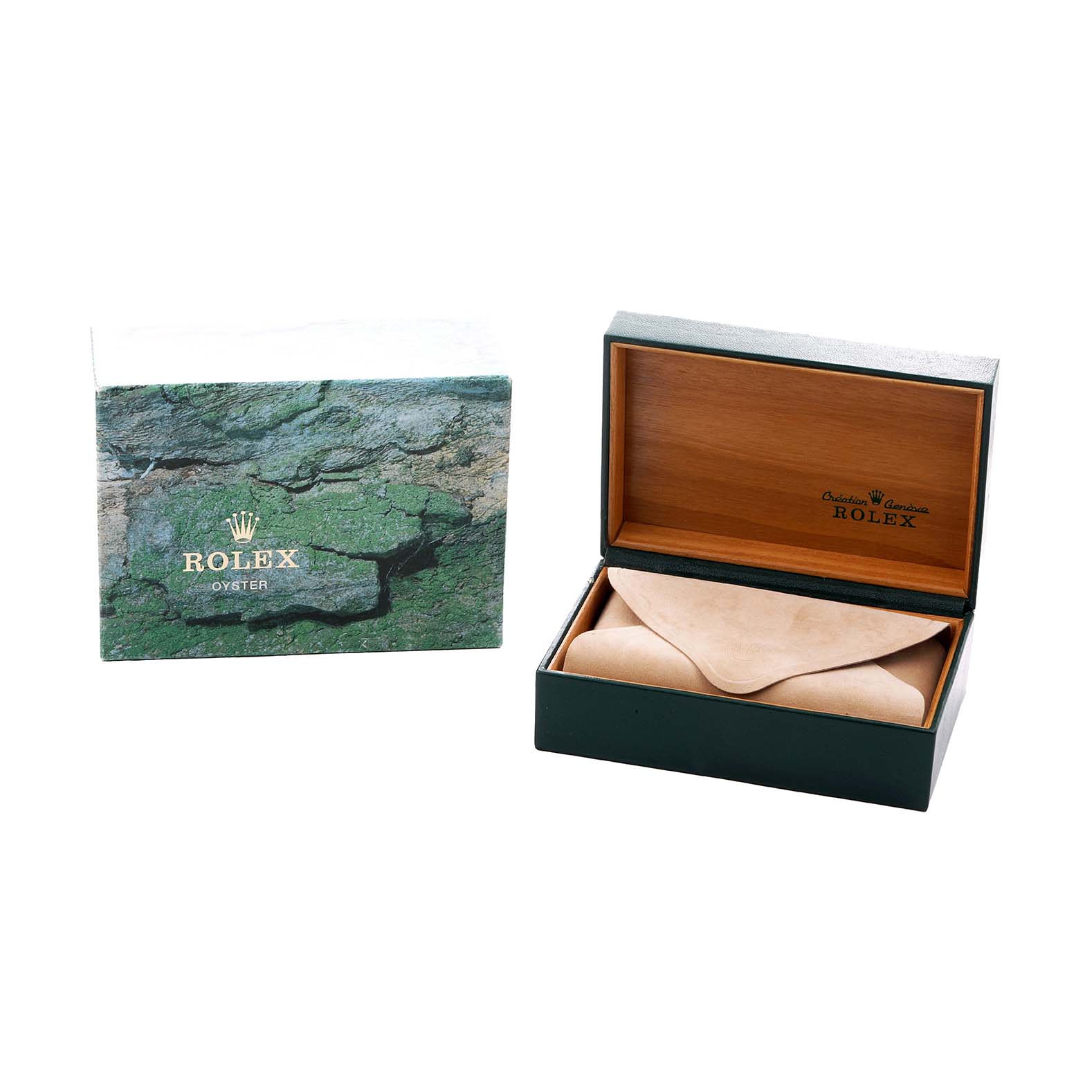 The image shows the packaging accessories for a Rolex Datejust 16220 Men's Stainless Steel White Dial, including a green outer box and an open wooden-lined inner box.