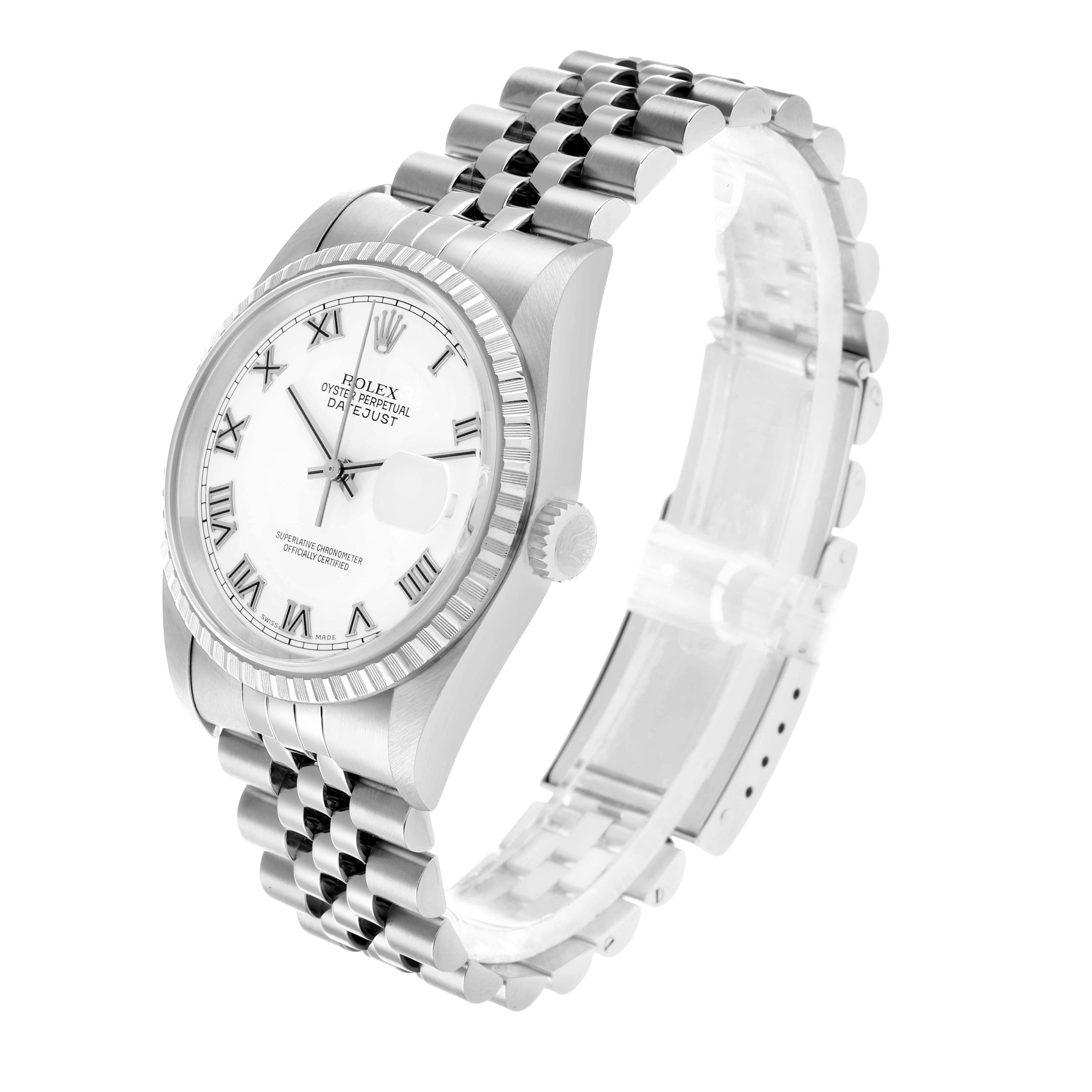 The Rolex Datejust 16220 Men's Stainless Steel White Dial watch is shown at a three-quarter angle, displaying the face, case, crown, and bracelet.