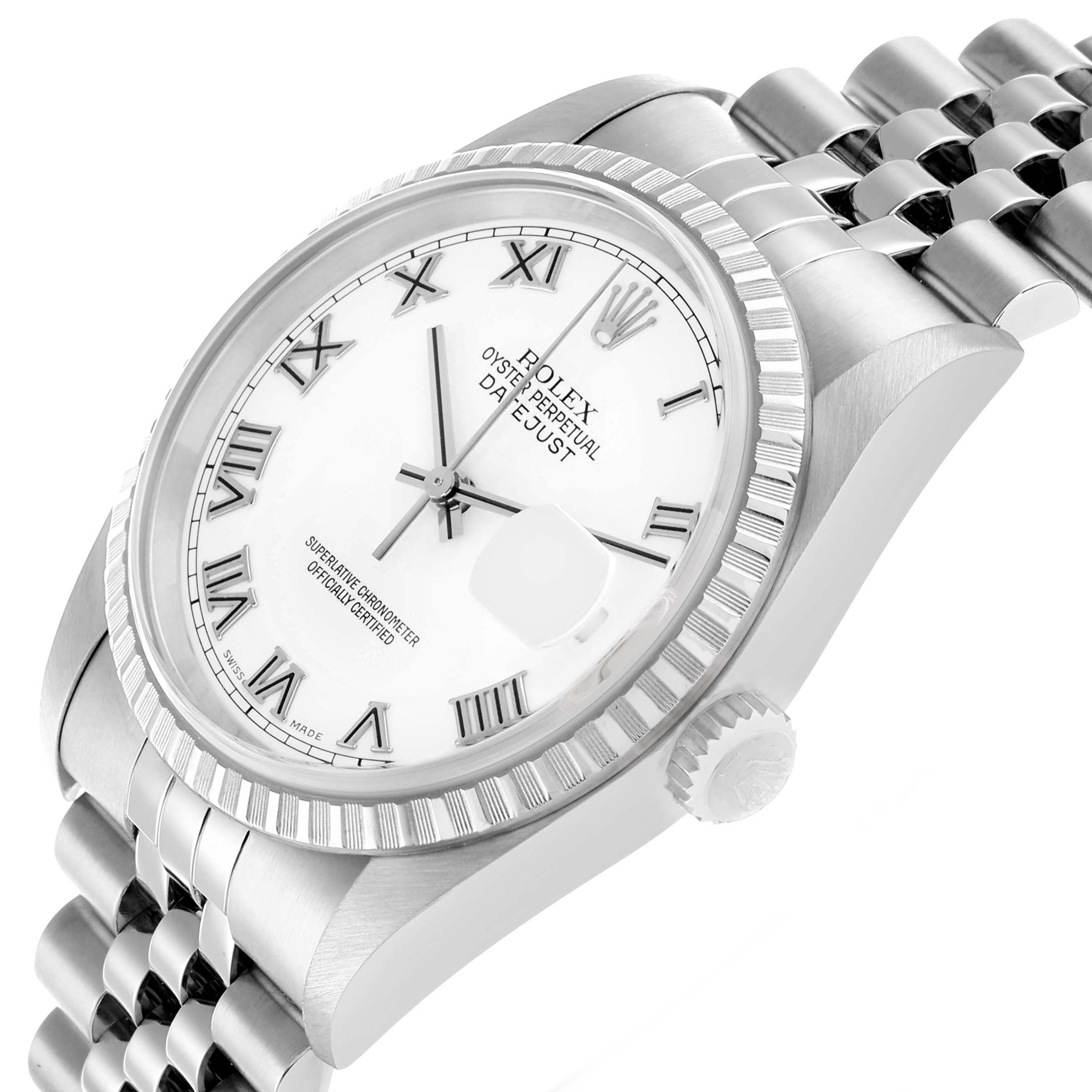The Rolex Datejust 16220 Men's Stainless Steel White Dial watch is shown at an angled view, highlighting the fluted bezel, dial with Roman numerals, and Jubilee bracelet.