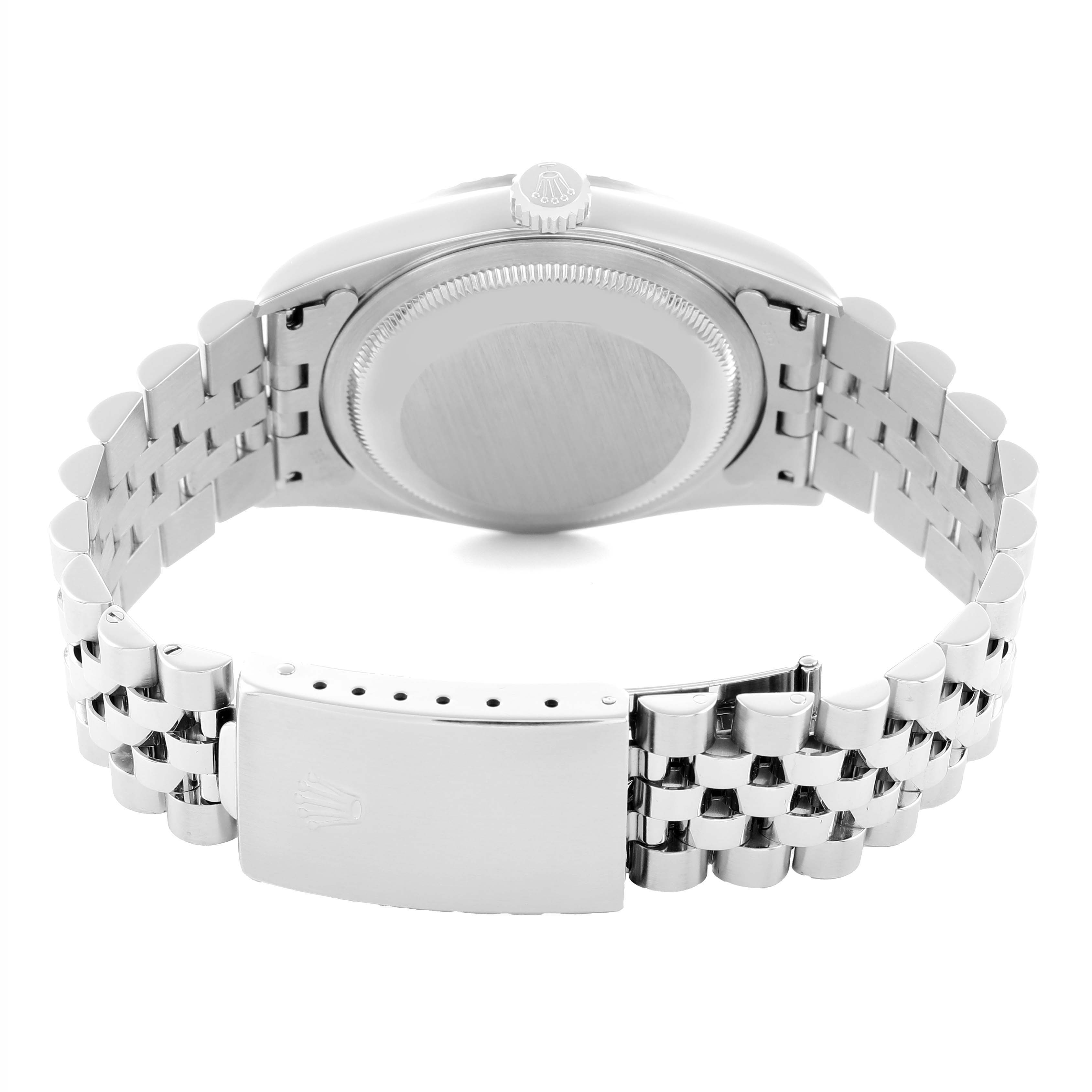 The image shows the back of a Rolex Datejust 16220 Men's Stainless Steel White Dial, highlighting the case back and stainless steel bracelet with clasp.