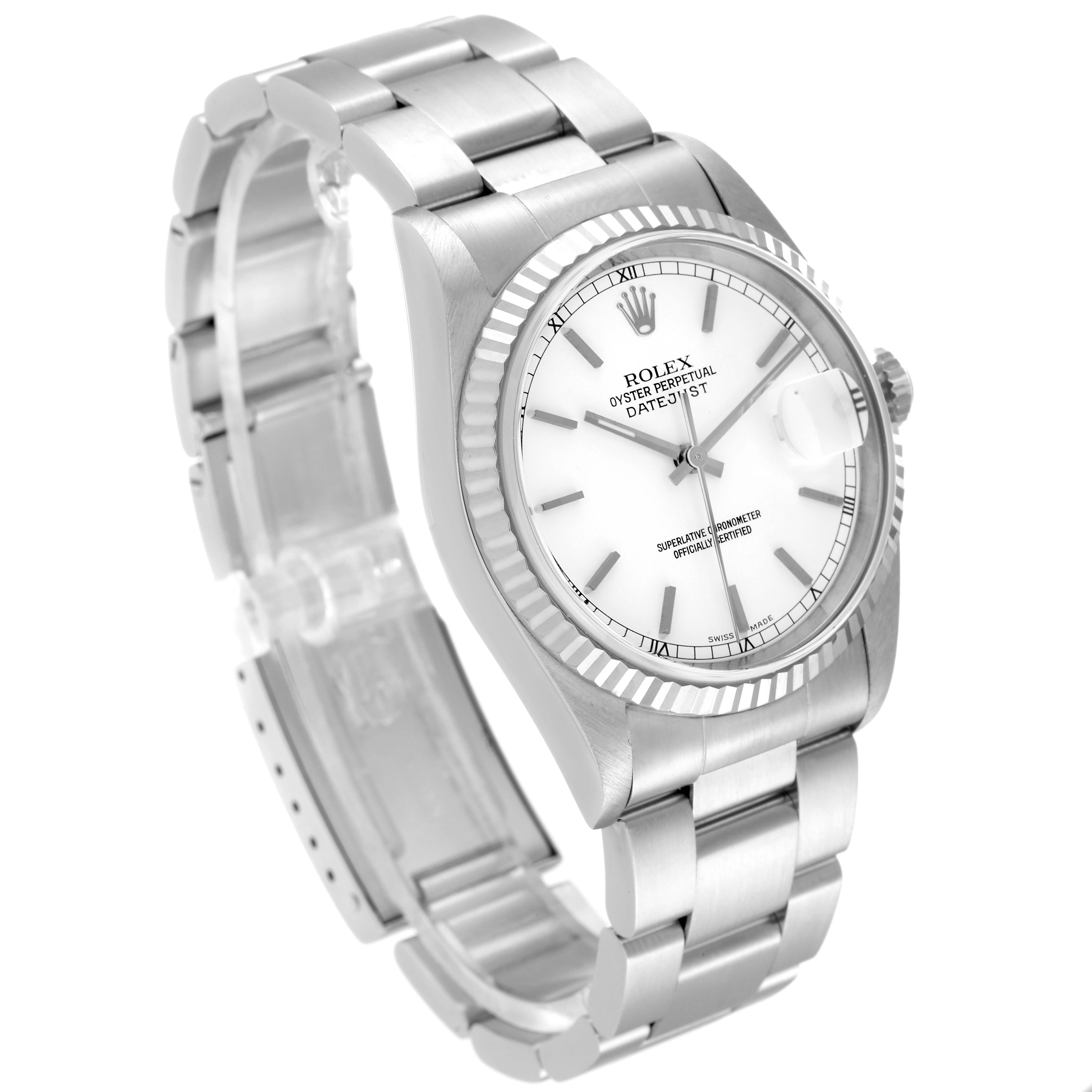 The image shows a Rolex Datejust 16234 Men's Stainless Steel White Dial 16234 Men's Stainless Steel White Dial watch at a 3/4 angle highlighting the dial, bezel, and bracelet.