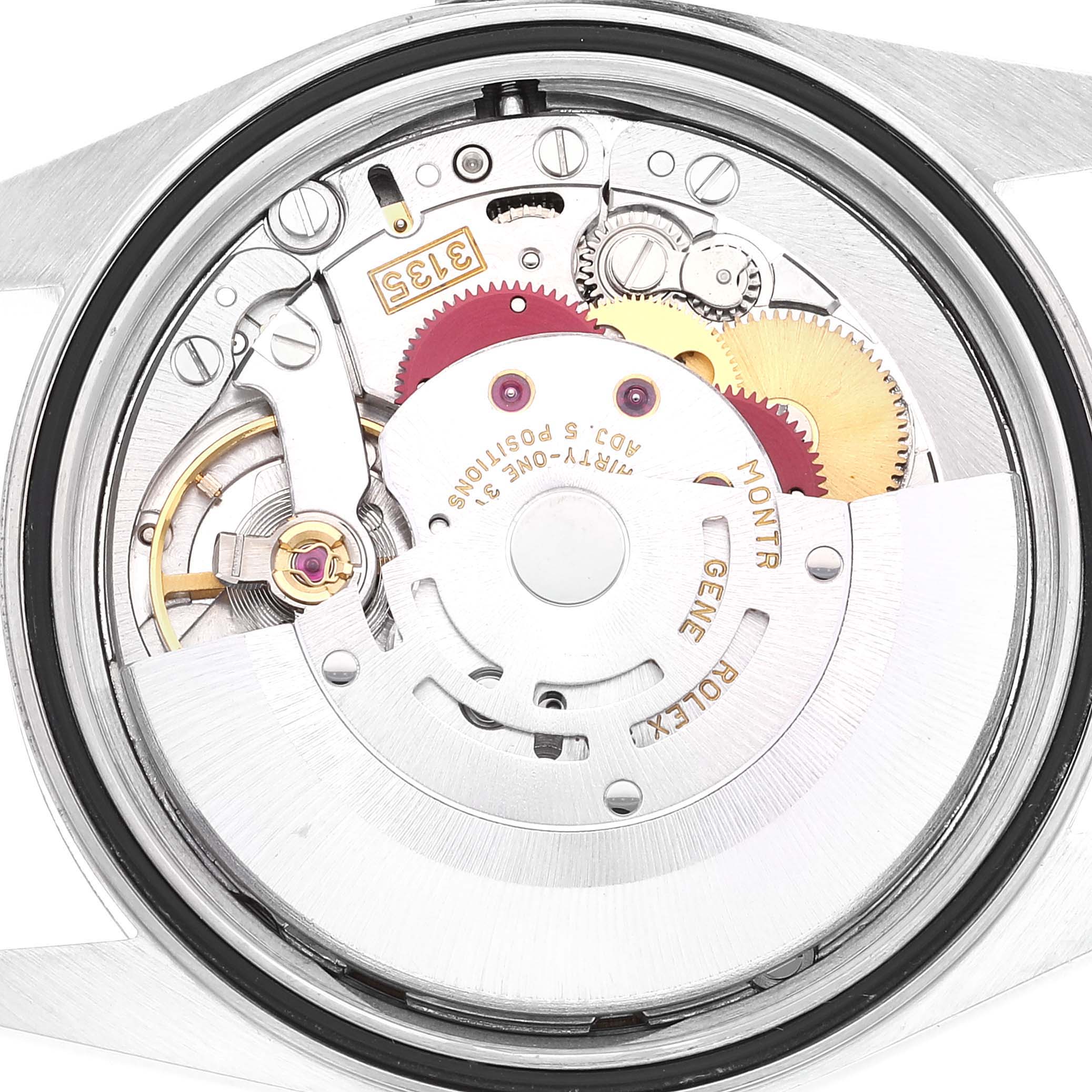 The image shows the Rolex Datejust 16234 Men's Stainless Steel White Dial 16234 Men's Stainless Steel White Dial watch's internal mechanism from a back view, highlighting gears and intricate components.