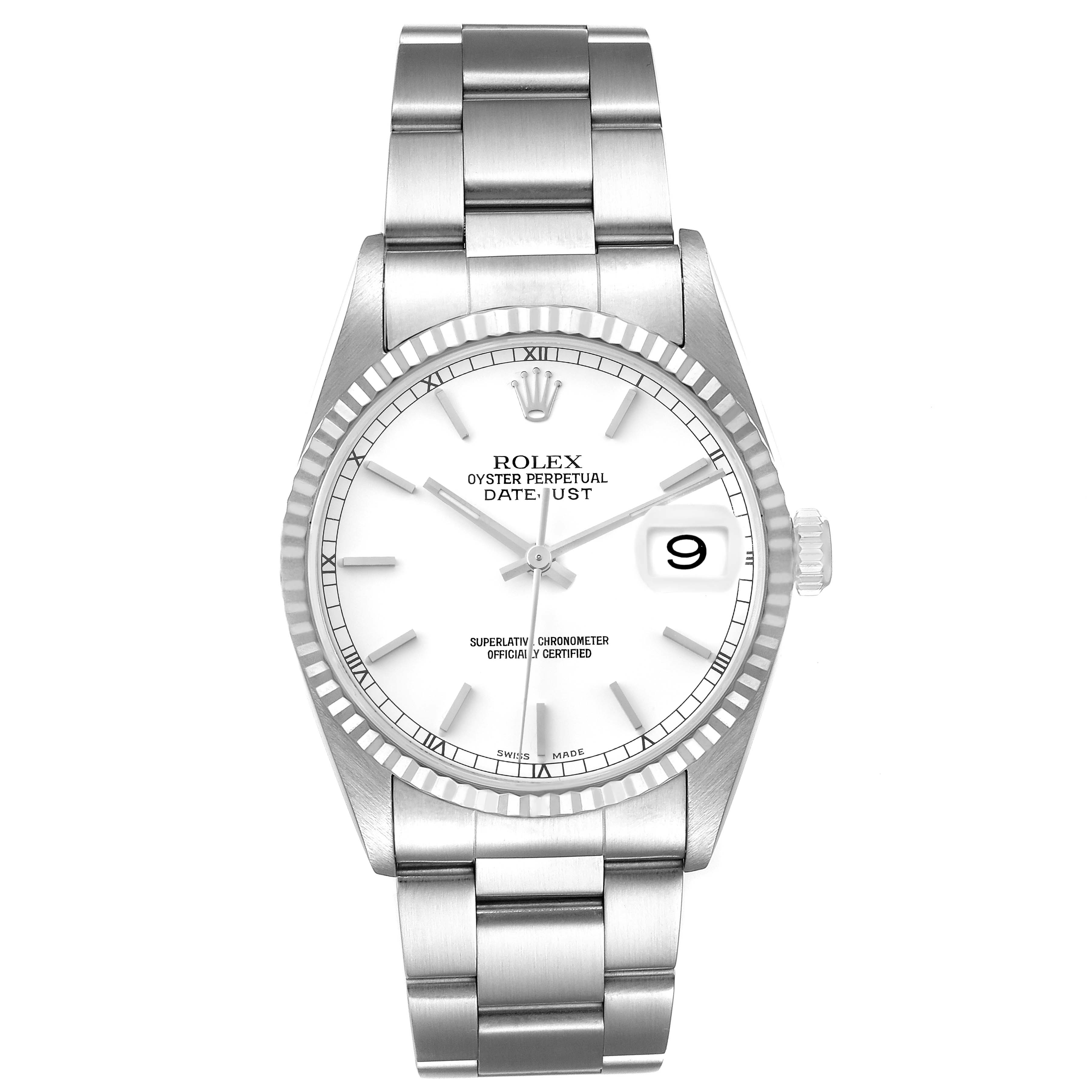 The image shows a front view of a Rolex Datejust 16234 Men's Stainless Steel White Dial 16234 Men's Stainless Steel White Dial watch, highlighting the face, bezel, crown, and bracelet.