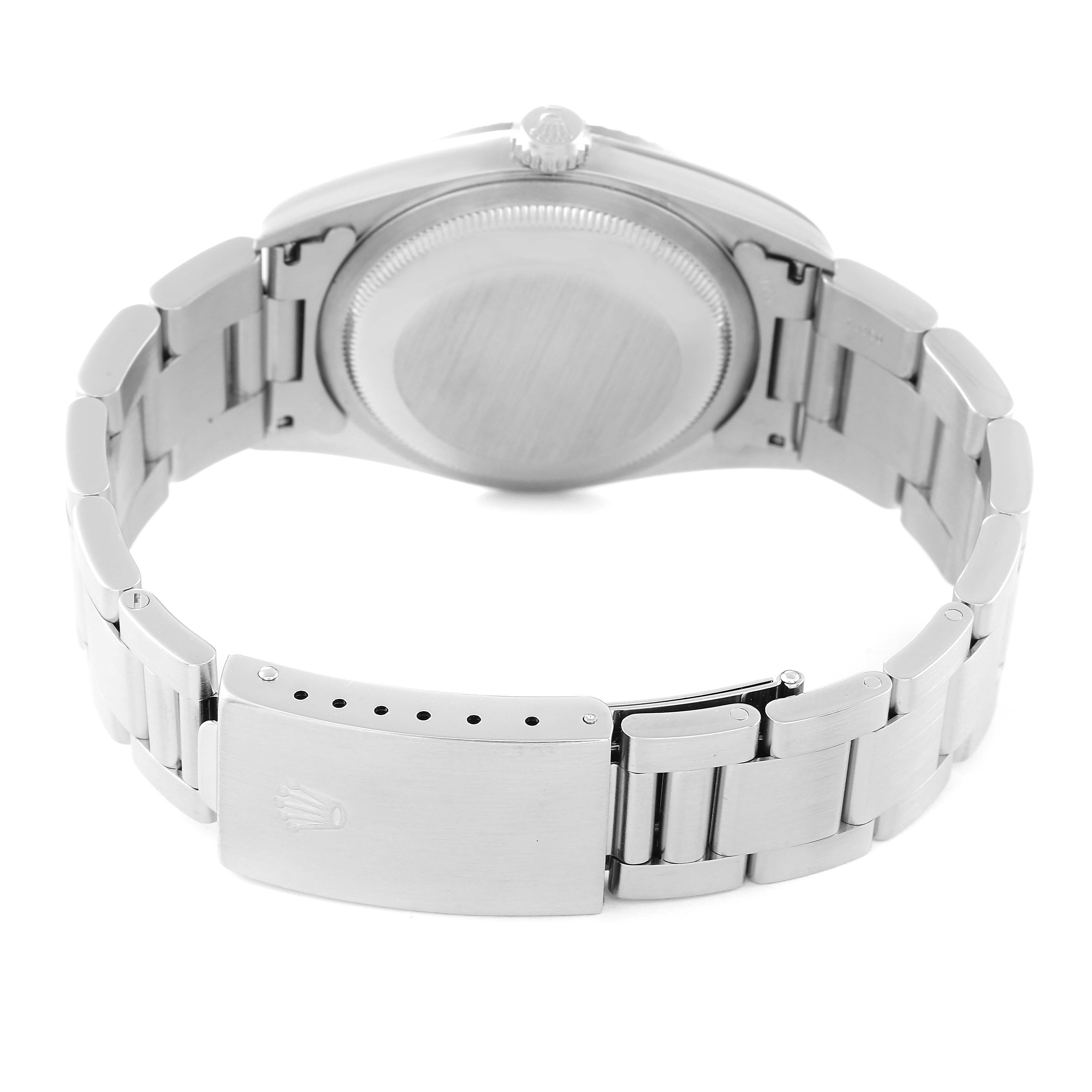 The image shows the back and clasp of a Rolex Datejust 16234 Men's Stainless Steel White Dial 16234 Men's Stainless Steel White Dial watch, highlighting its bracelet and screw-down caseback.