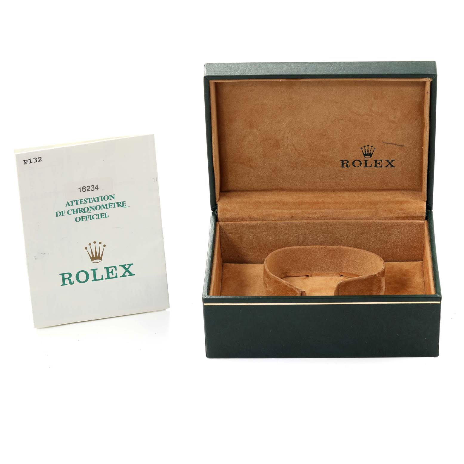 The image shows an open Rolex Datejust 16234 Men's Stainless Steel White Dial 16234 Men's Stainless Steel White Dial watch box and a certification booklet.