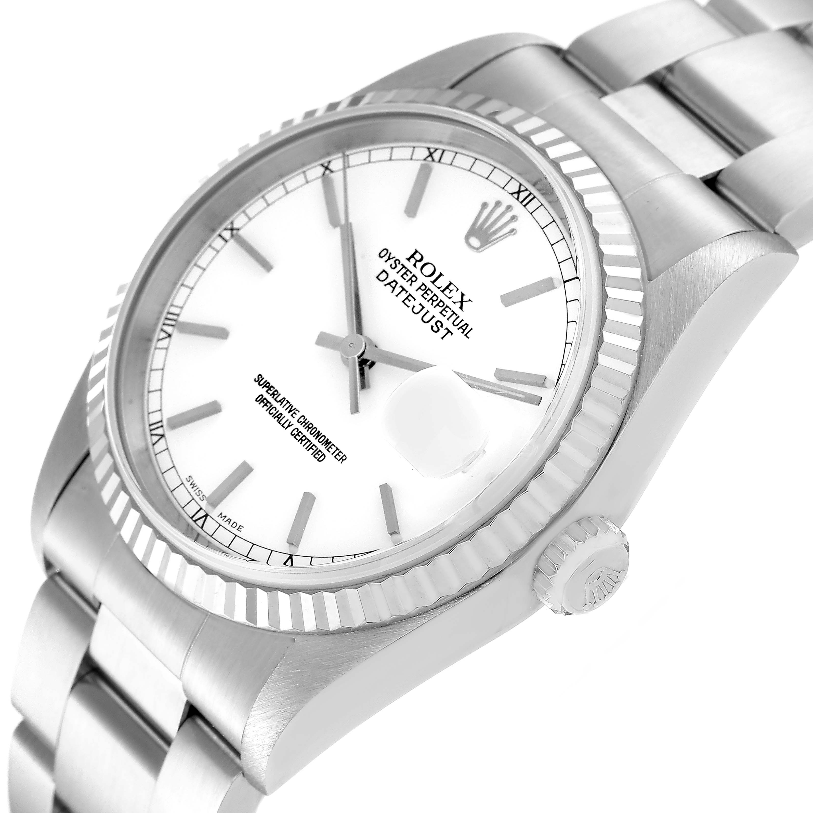 The image shows a Rolex Datejust 16234 Men's Stainless Steel White Dial 16234 Men's Stainless Steel White Dial watch at a three-quarter angle, highlighting the face, fluted bezel, and part of the bracelet.