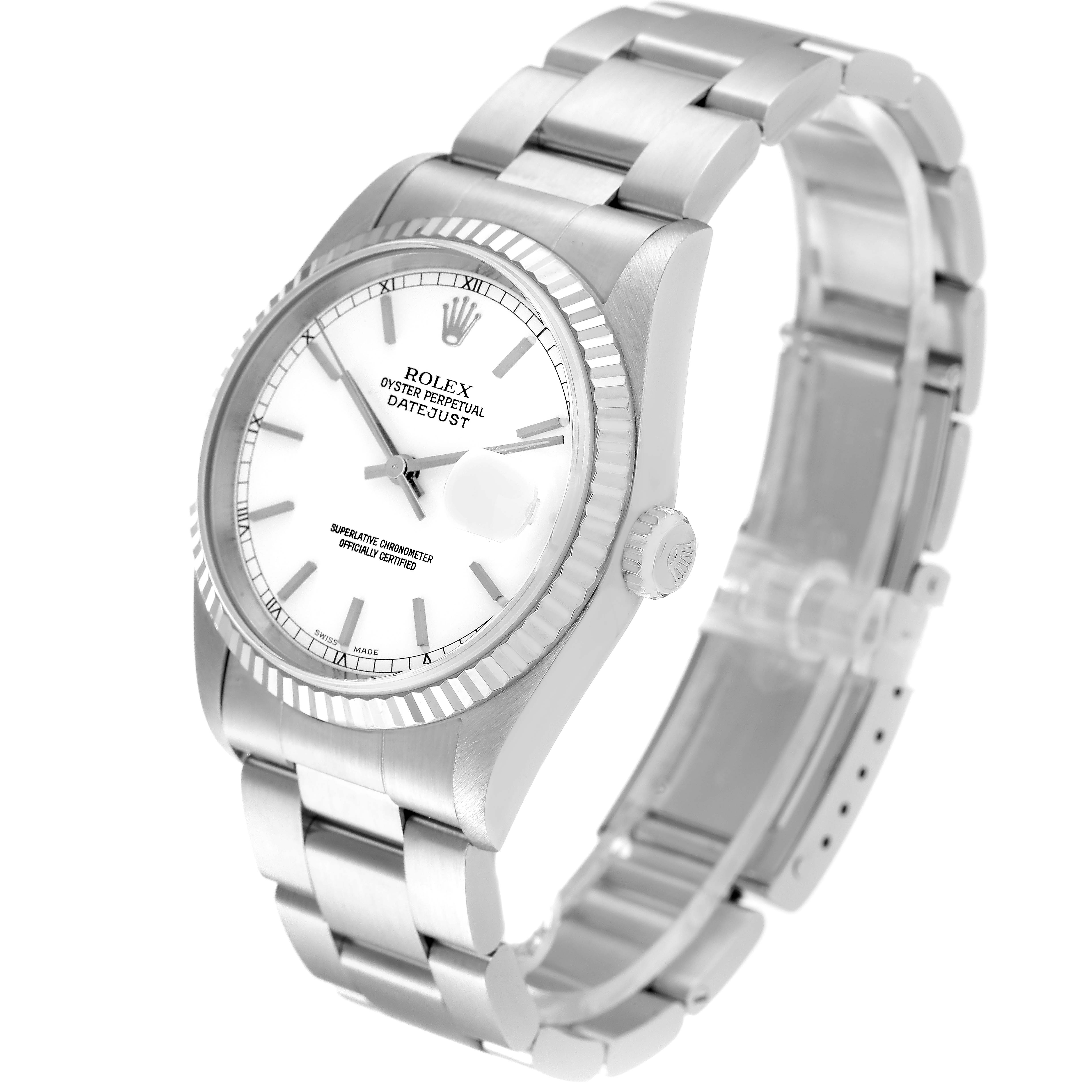 The image shows a Rolex Datejust 16234 Men's Stainless Steel White Dial 16234 Men's Stainless Steel White Dial watch from a slight side angle, highlighting the dial, bezel, bracelet, and crown.