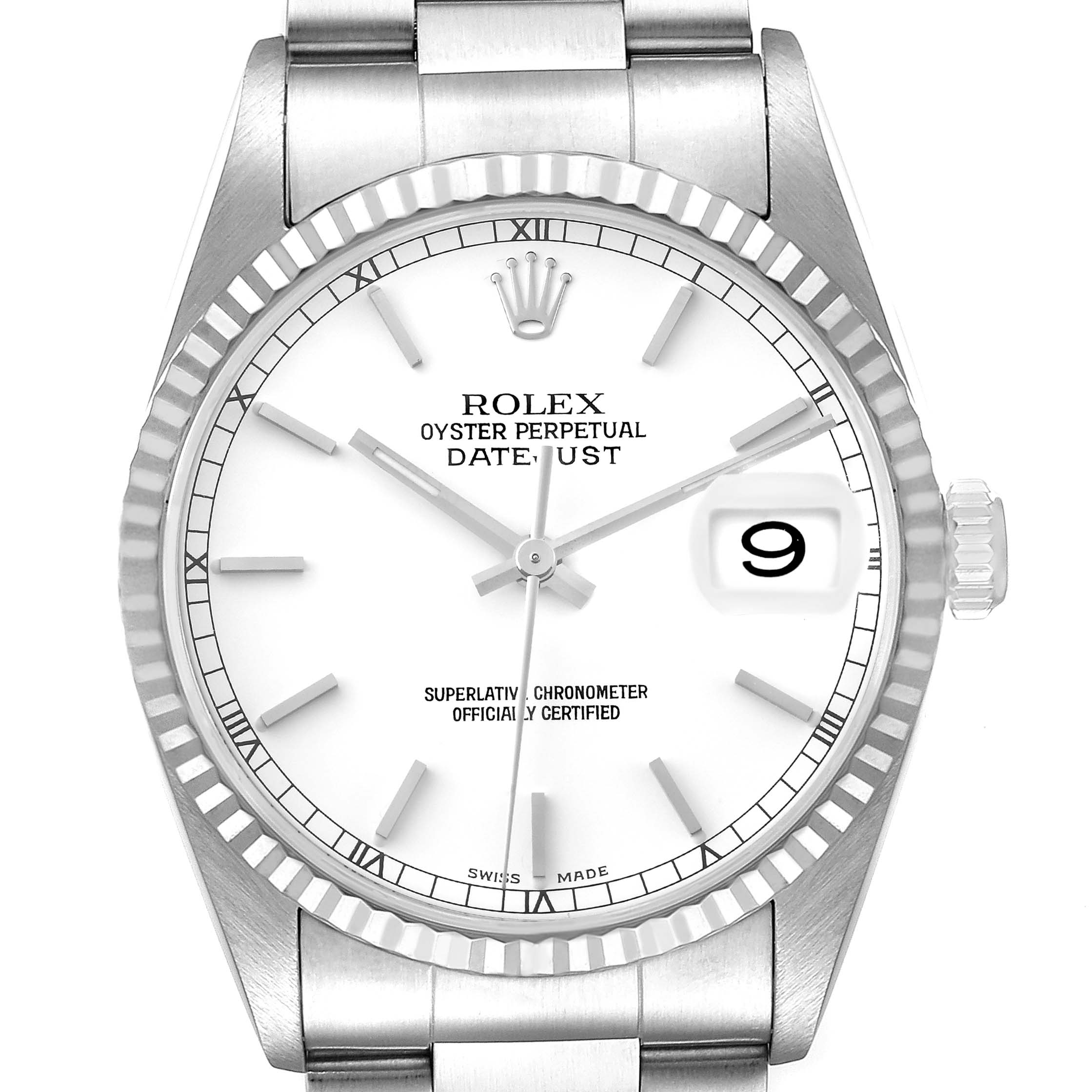 The image shows a Rolex Datejust 16234 Men's Stainless Steel White Dial 16234 Men's Stainless Steel White Dial watch from a front angle, highlighting its white dial, date window, and fluted bezel.