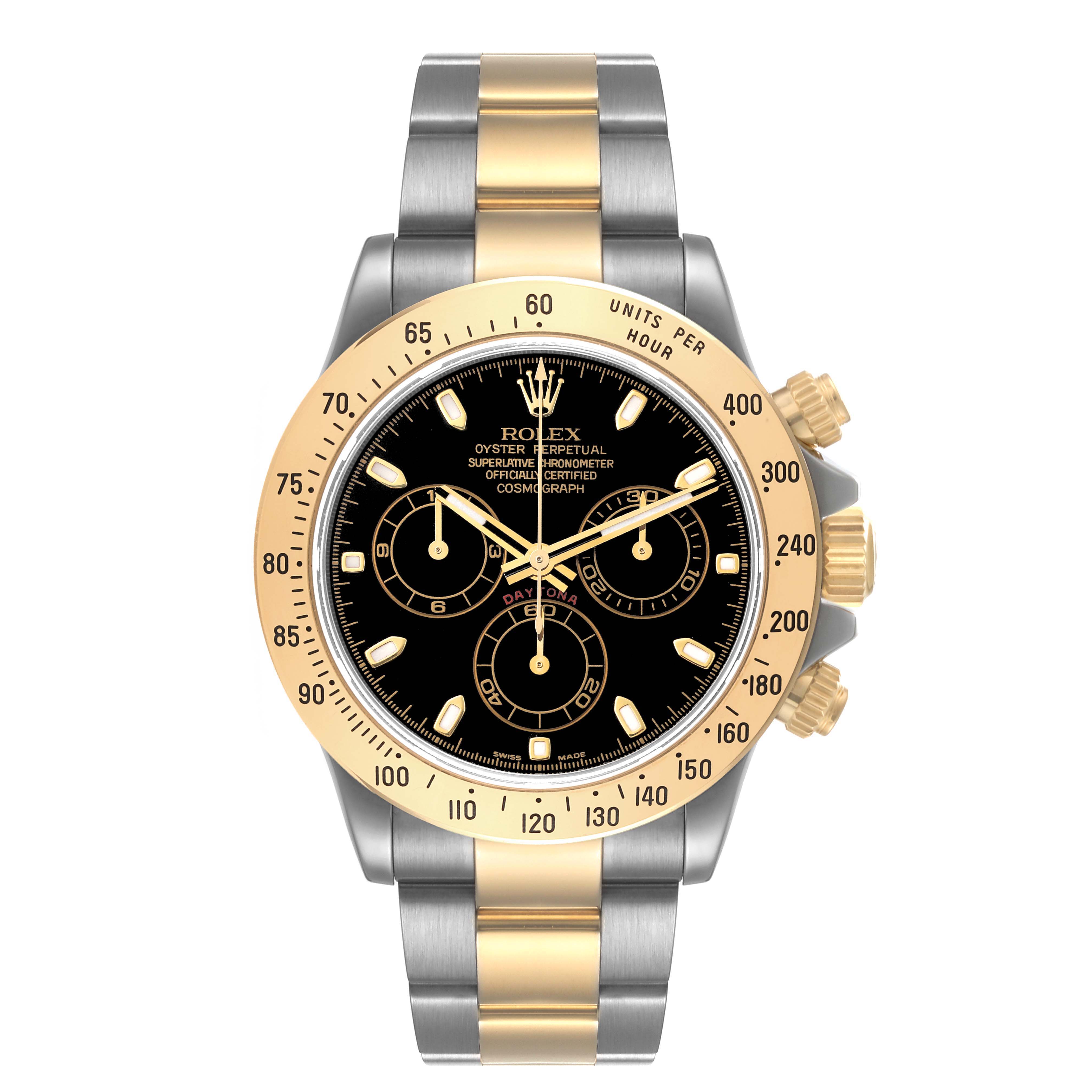 The Rolex Daytona 116523 Men's Steel and Gold (two tone) Black Dial 116523 Men's Steel and Gold (two tone) Black Dial watch is shown from a front angle, displaying its dial, bezel, subdials, and two-tone bracelet.