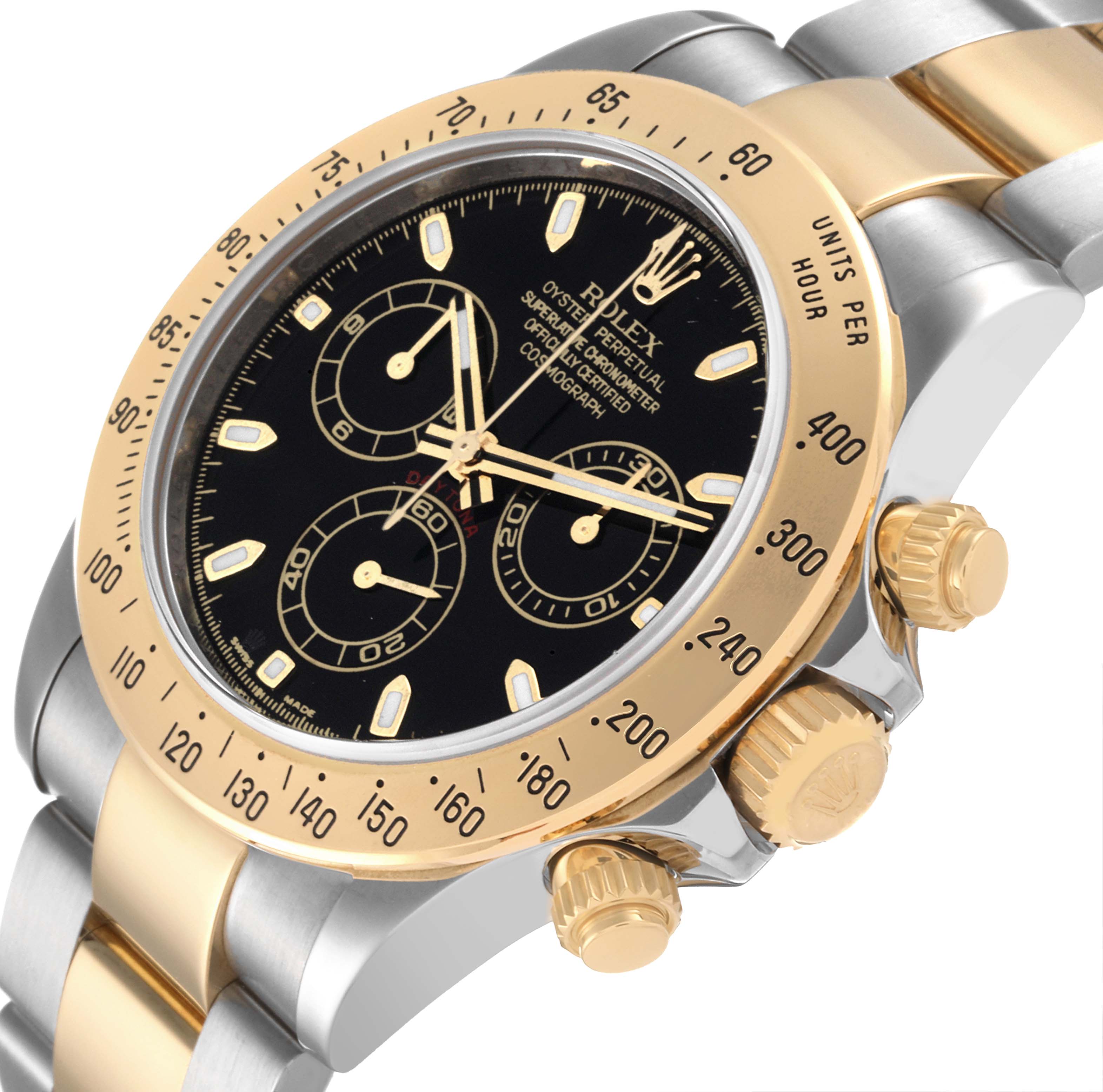 This image shows a close-up angled view of the Rolex Daytona 116523 Men's Steel and Gold (two tone) Black Dial 116523 Men's Steel and Gold (two tone) Black Dial watch, highlighting the dial, bezel, and crown.