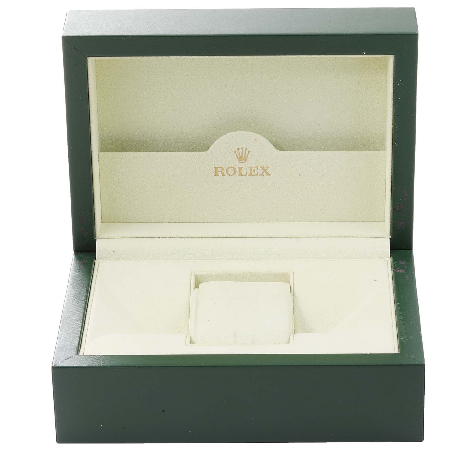 The image shows an open Rolex Daytona 116523 Men's Steel and Gold (two tone) Black Dial 116523 Men's Steel and Gold (two tone) Black Dial watch box, featuring a green exterior and cushioned interior for the timepiece.