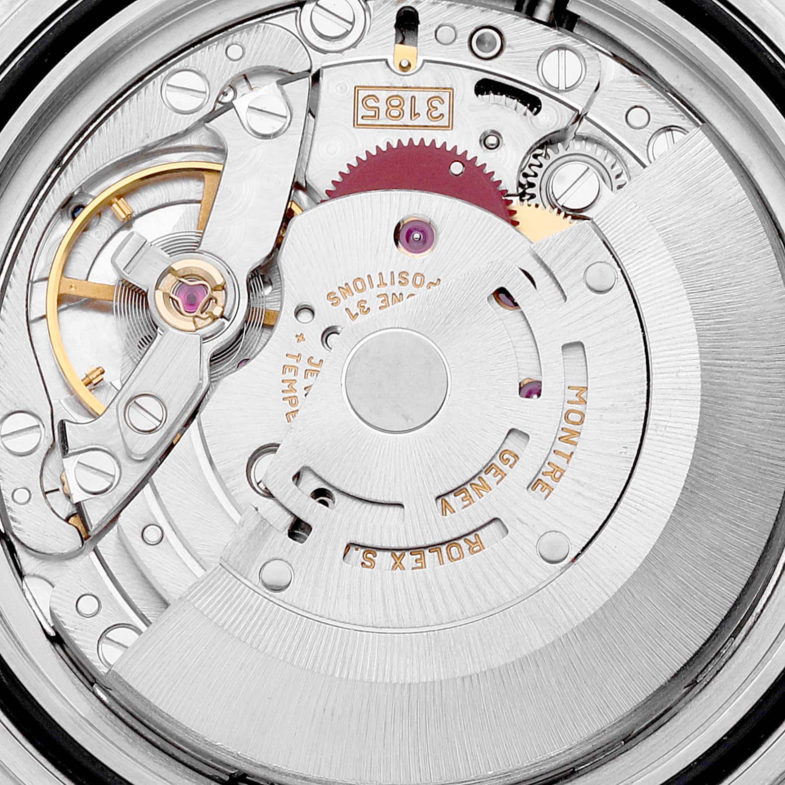 This close-up image shows the intricate internal movement of a Rolex Explorer 16570 Men's Stainless Steel White Dial 16570 Men's Stainless Steel White Dial watch.