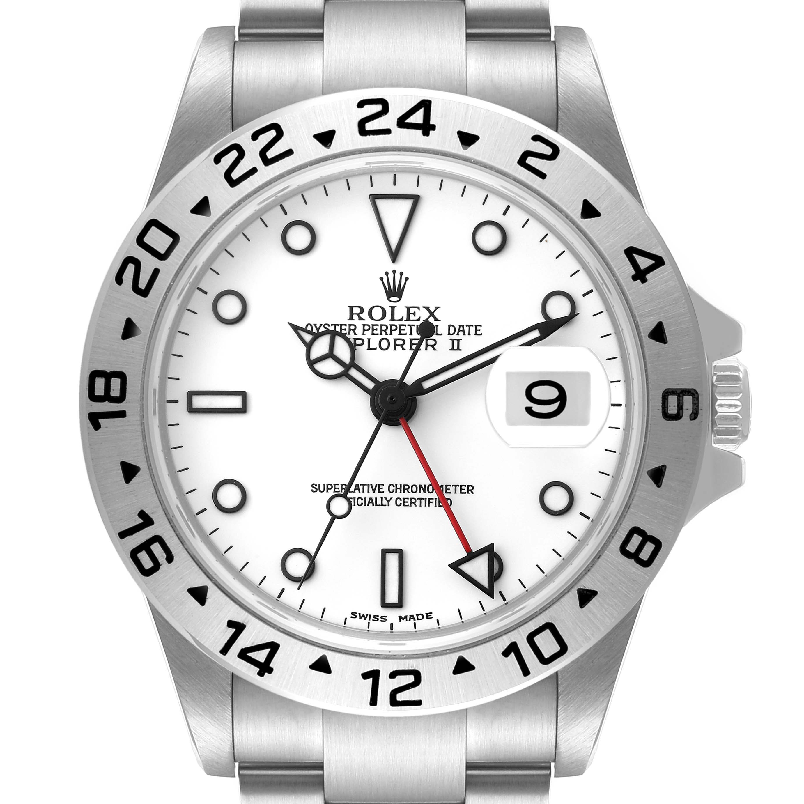 This image shows a front view of the Rolex Explorer 16570 Men's Stainless Steel White Dial 16570 Men's Stainless Steel White Dial watch, highlighting its dial, bezel, and date window.