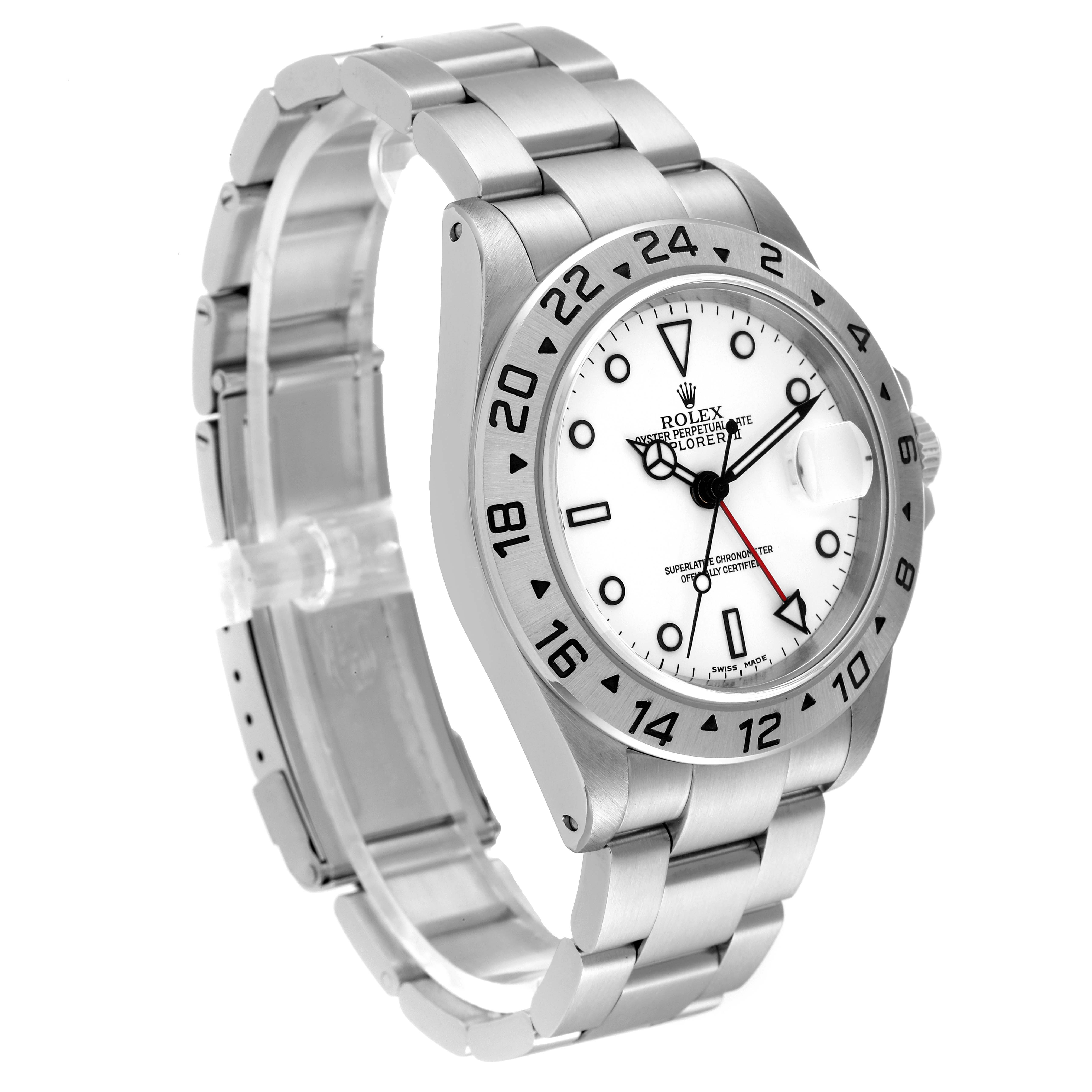 The Rolex Explorer 16570 Men's Stainless Steel White Dial 16570 Men's Stainless Steel White Dial watch is shown at a slight angle, displaying the face, bezel, and part of the bracelet.