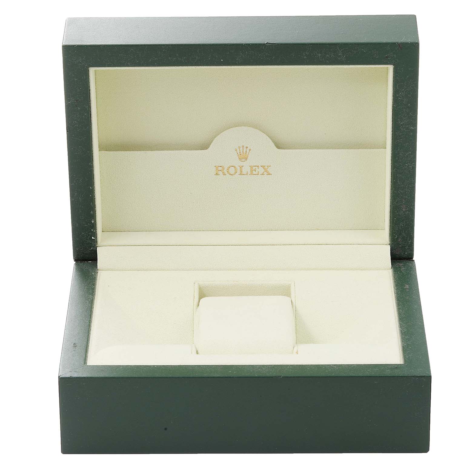 This image shows an opened Rolex Explorer 16570 Men's Stainless Steel White Dial 16570 Men's Stainless Steel White Dial model watch box from a straight-on angle.