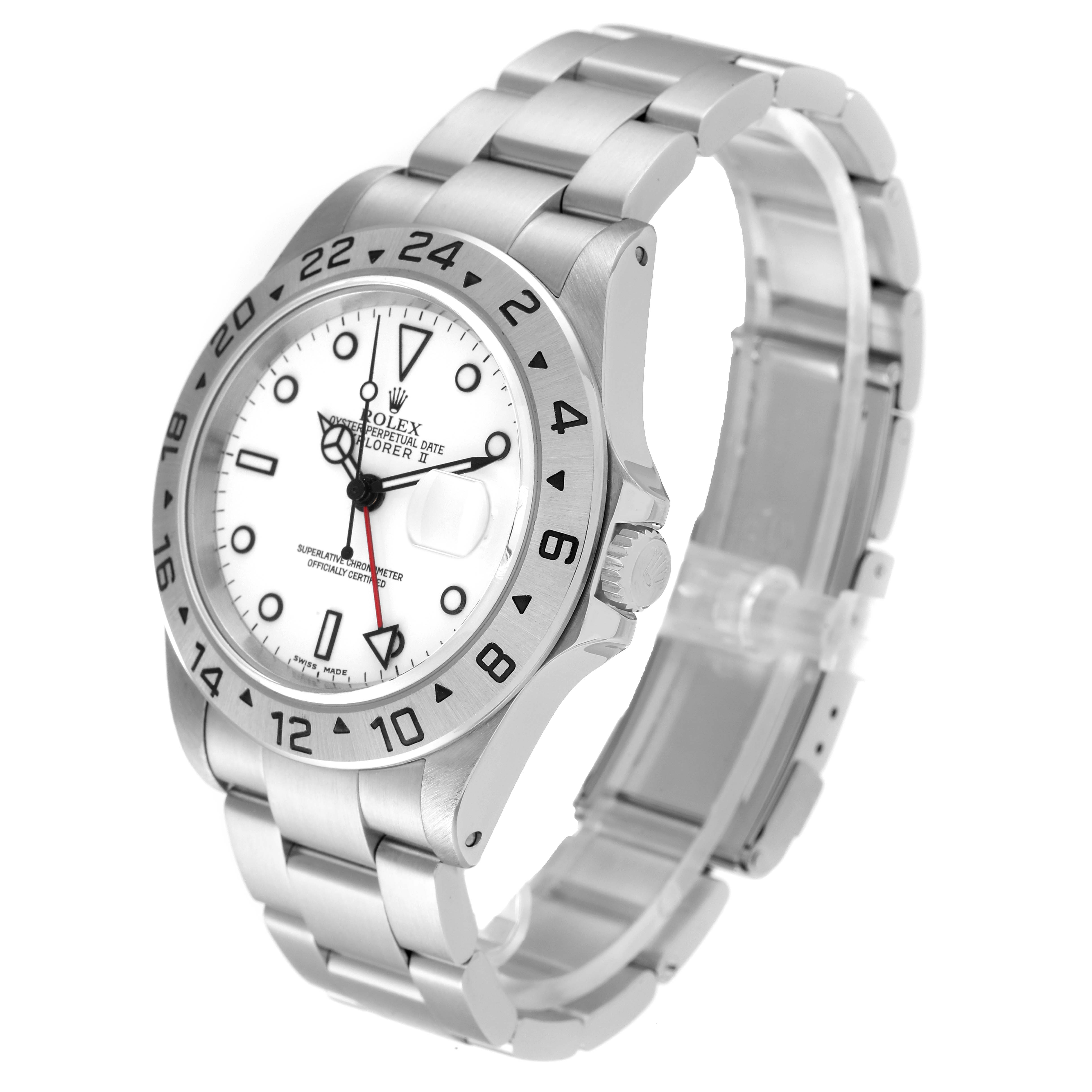 The image shows a Rolex Explorer 16570 Men's Stainless Steel White Dial 16570 Men's Stainless Steel White Dial watch angled to display the face, bezel, crown, and bracelet clearly.
