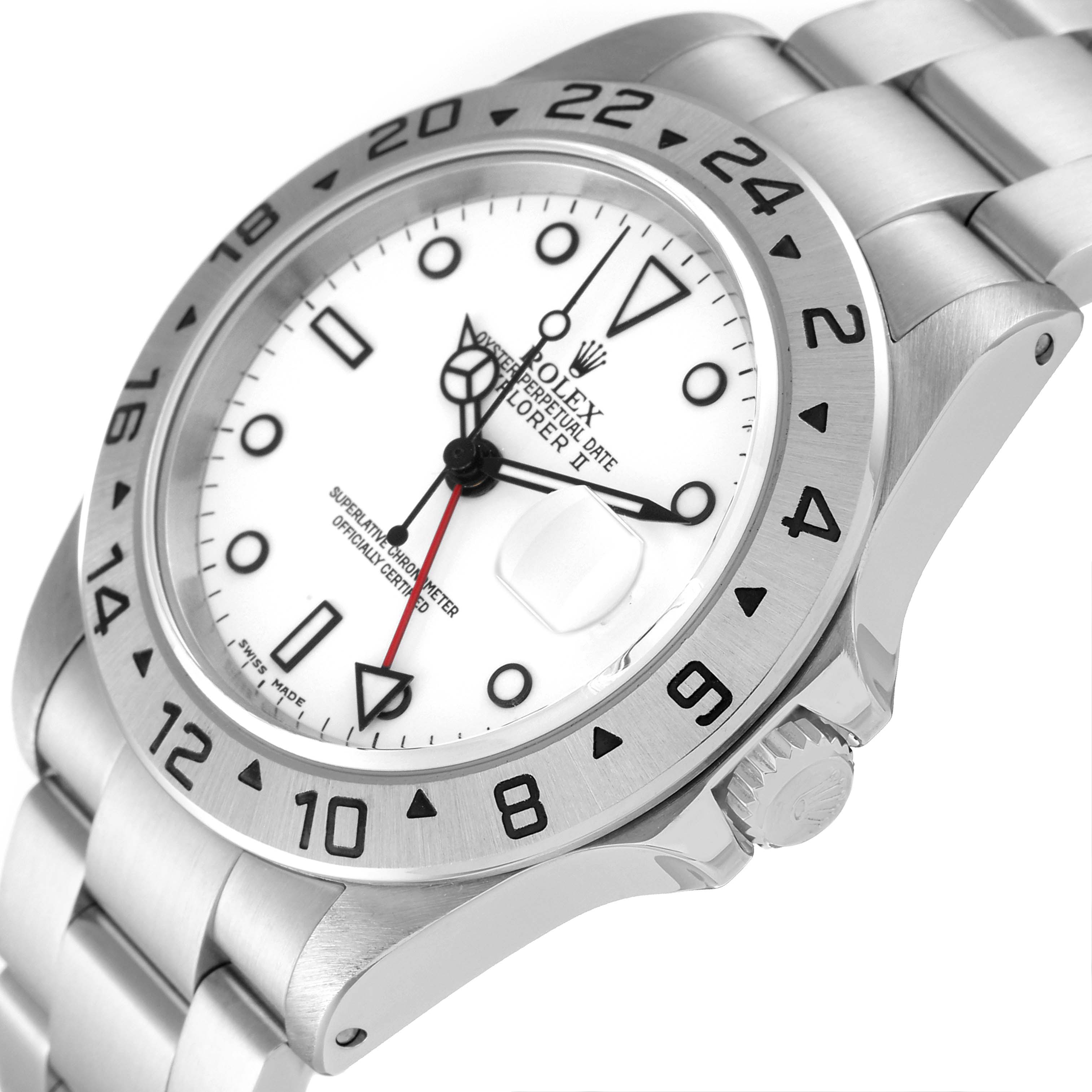 This image shows a Rolex Explorer 16570 Men's Stainless Steel White Dial 16570 Men's Stainless Steel White Dial watch from a slightly angled side view, highlighting the dial, bezel, crown, and part of the bracelet.