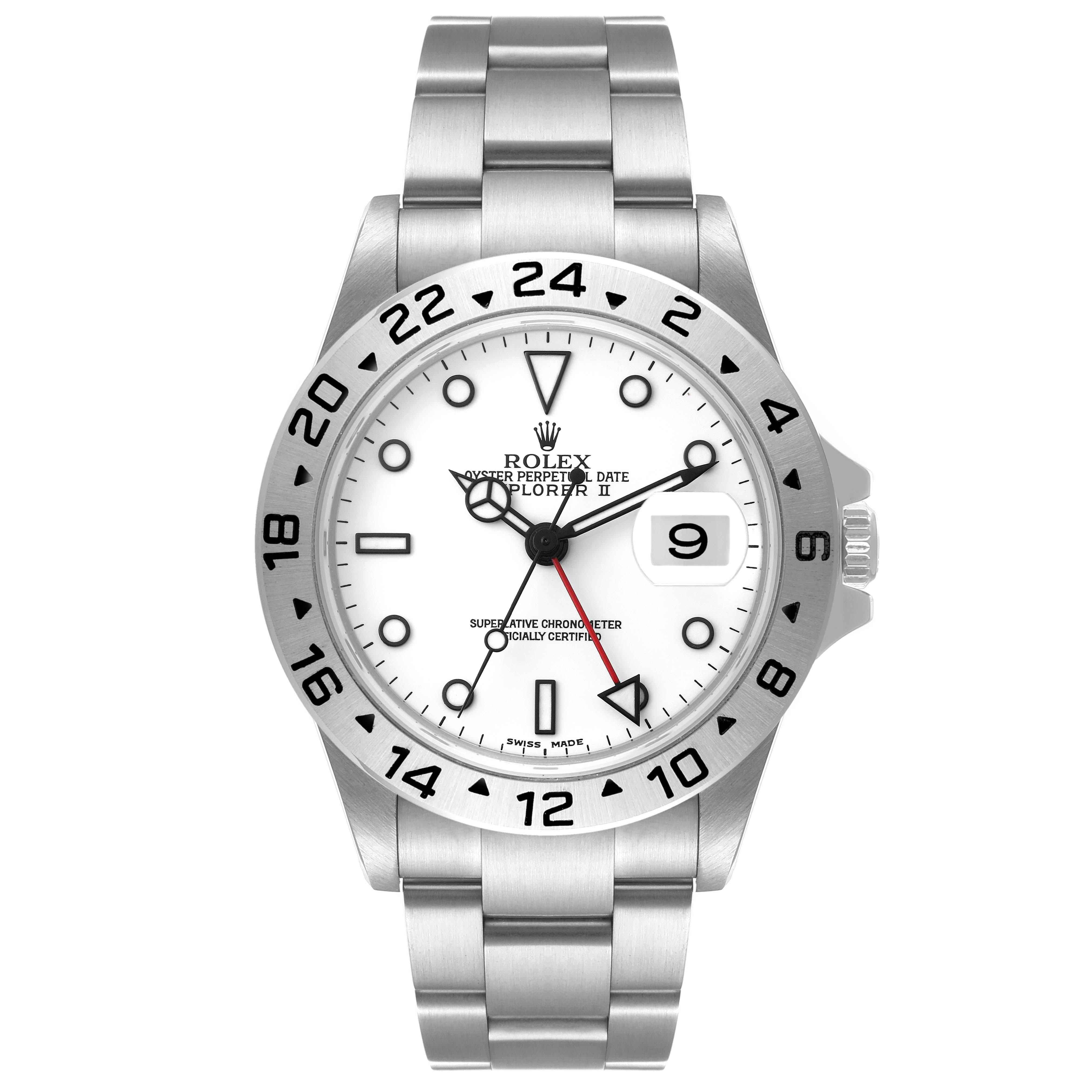 The image shows a frontal view of the Rolex Explorer 16570 Men's Stainless Steel White Dial 16570 Men's Stainless Steel White Dial watch, including the bracelet, bezel, dial, and crown.