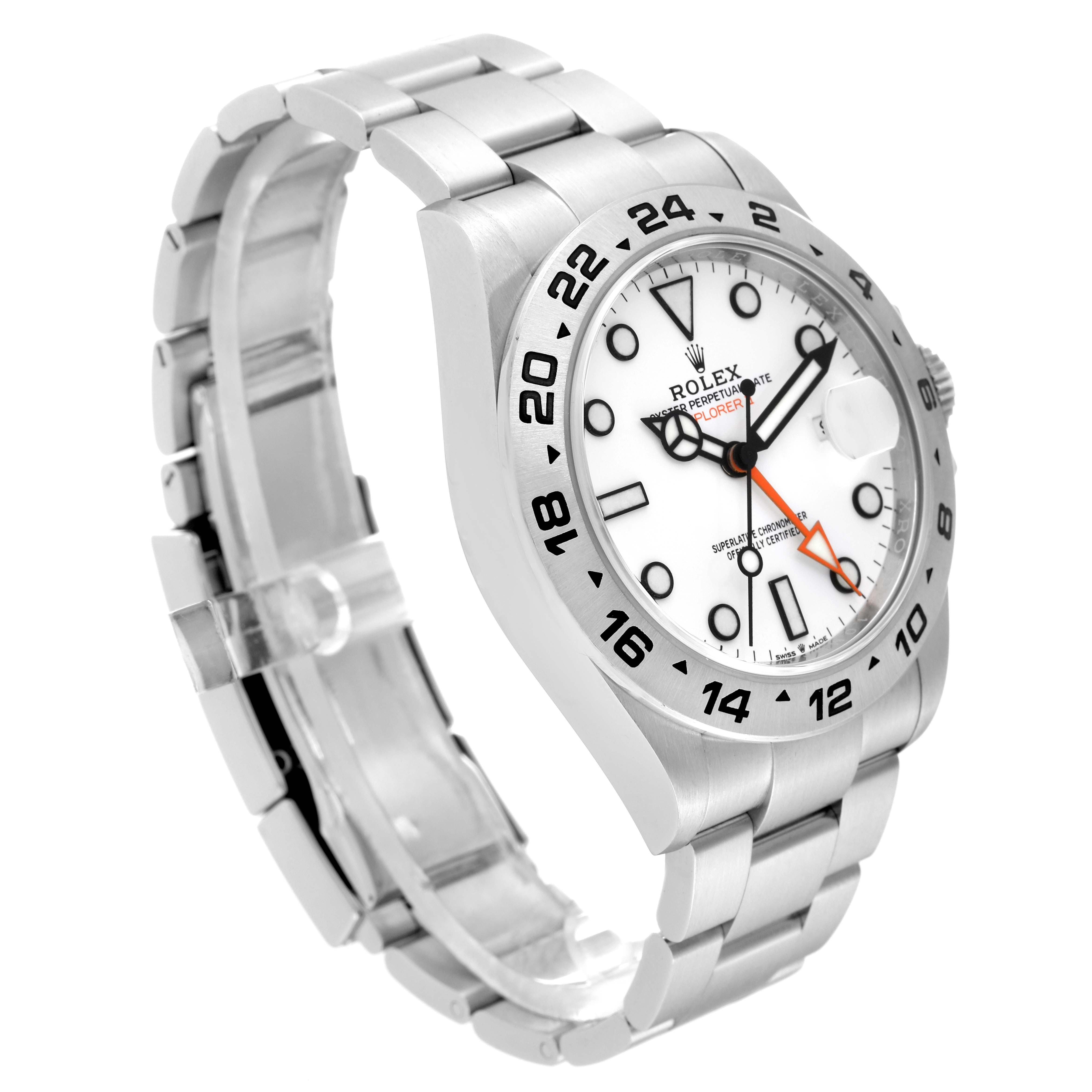 This image shows a Rolex Explorer 226570 Men's Stainless Steel White Dial 226570 Men's Stainless Steel White Dial model watch from a 3/4 angle, highlighting the face, bezel, bracelet, and crown.