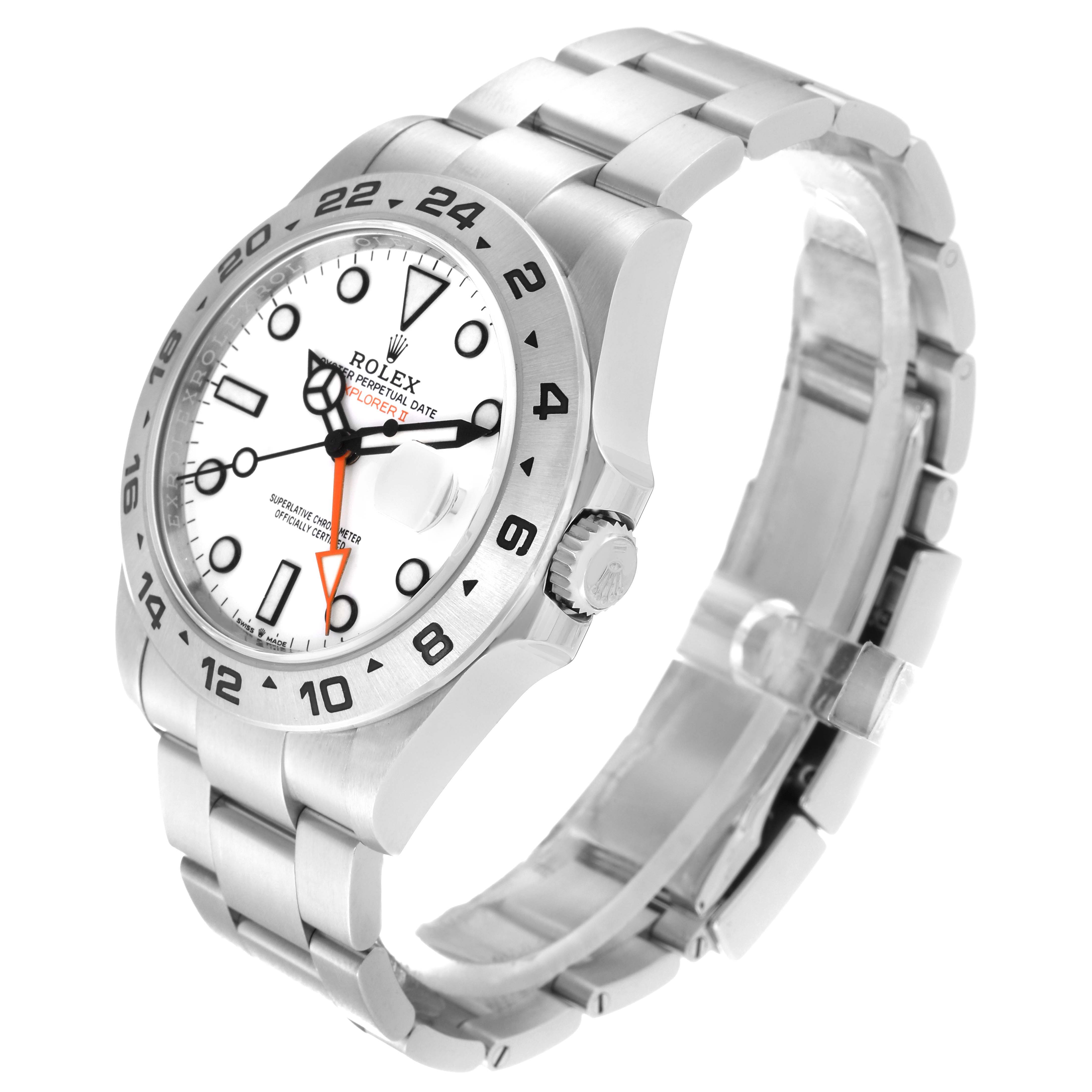 The Rolex Explorer 226570 Men's Stainless Steel White Dial 226570 Men's Stainless Steel White Dial watch is shown at a slight angle, highlighting the face, bezel, crown, and bracelet.