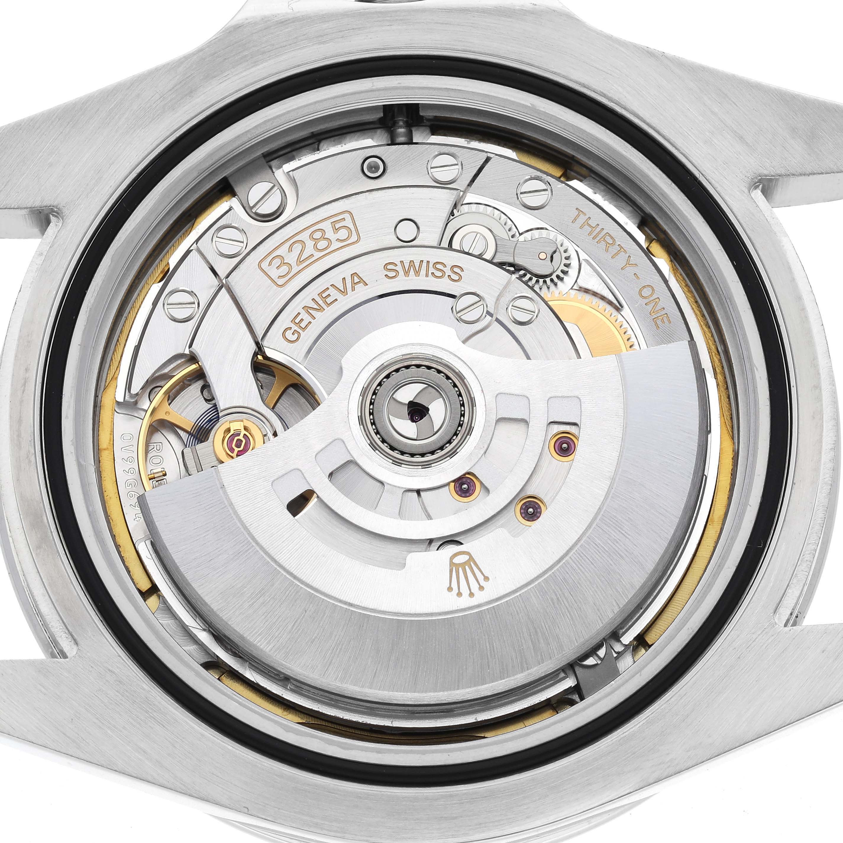 This image shows the back view of a Rolex Explorer 226570 Men's Stainless Steel White Dial 226570 Men's Stainless Steel White Dial watch, highlighting its inner mechanical movement, specifically the caliber 3285.