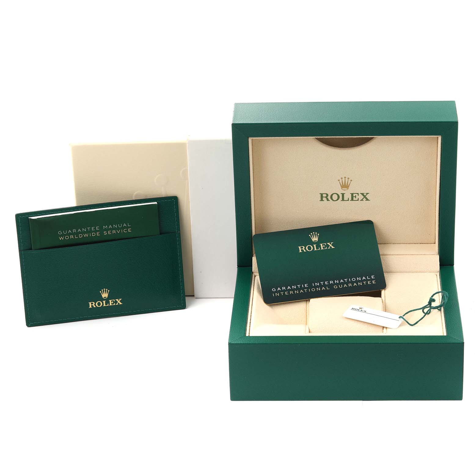 This image shows the Rolex Explorer 226570 Men's Stainless Steel White Dial 226570 Men's Stainless Steel White Dial packaging, including the watch box, guarantee manual, and international guarantee card.
