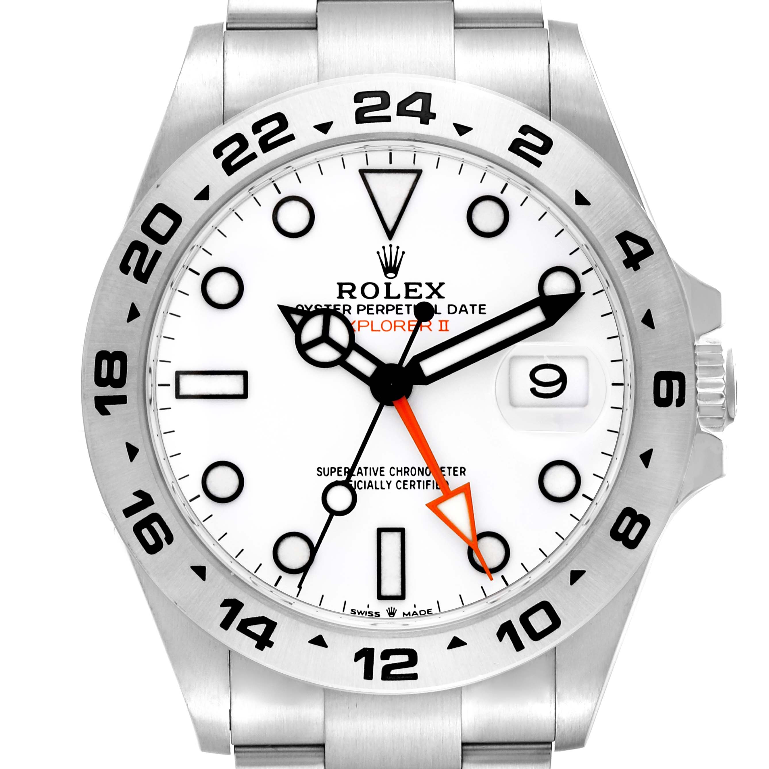 The image shows a frontal view of the Rolex Explorer 226570 Men's Stainless Steel White Dial 226570 Men's Stainless Steel White Dial watch, highlighting its white dial, bezel, and case.