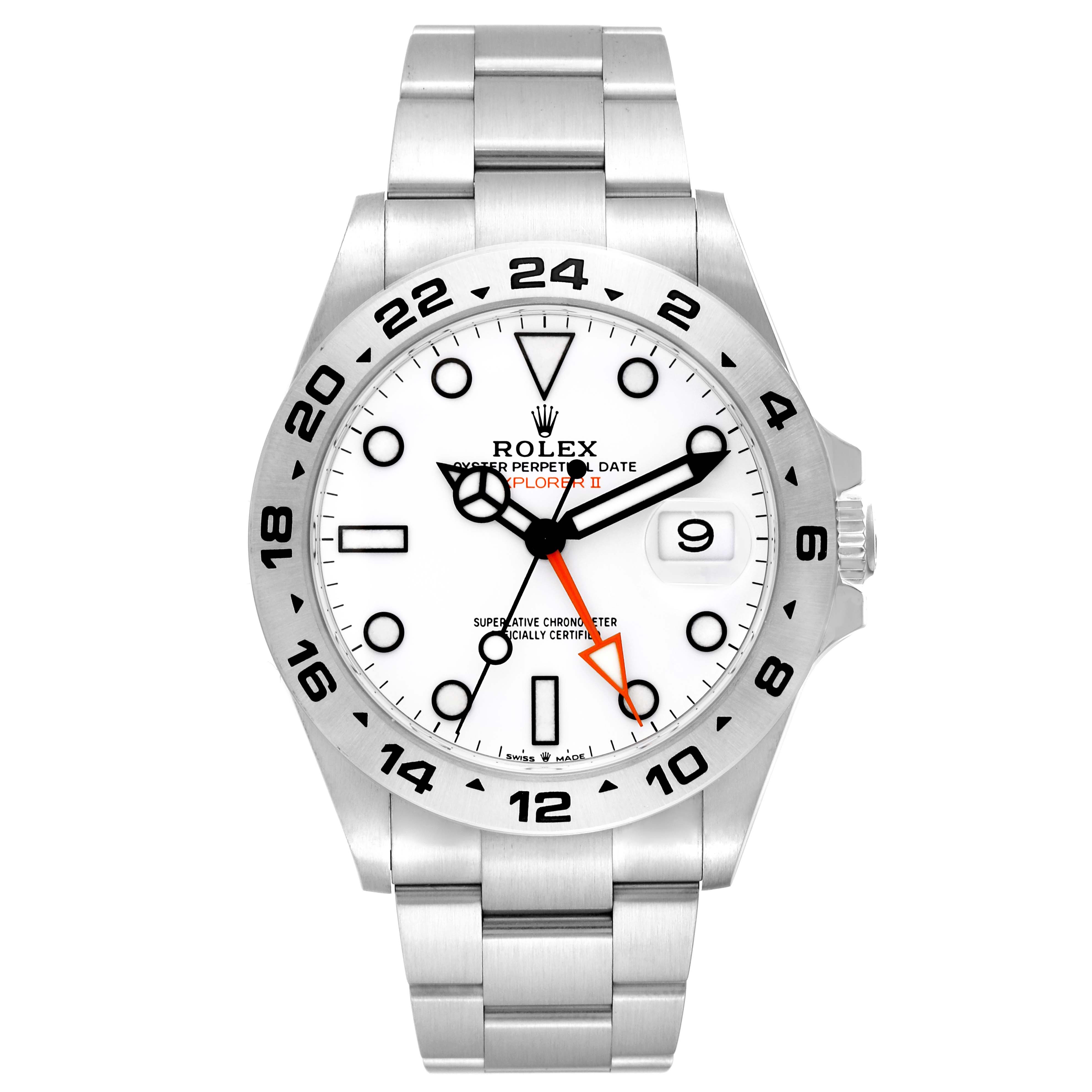 The image shows a frontal view of the Rolex Explorer 226570 Men's Stainless Steel White Dial 226570 Men's Stainless Steel White Dial watch, highlighting its dial, bezel, hands, and bracelet.