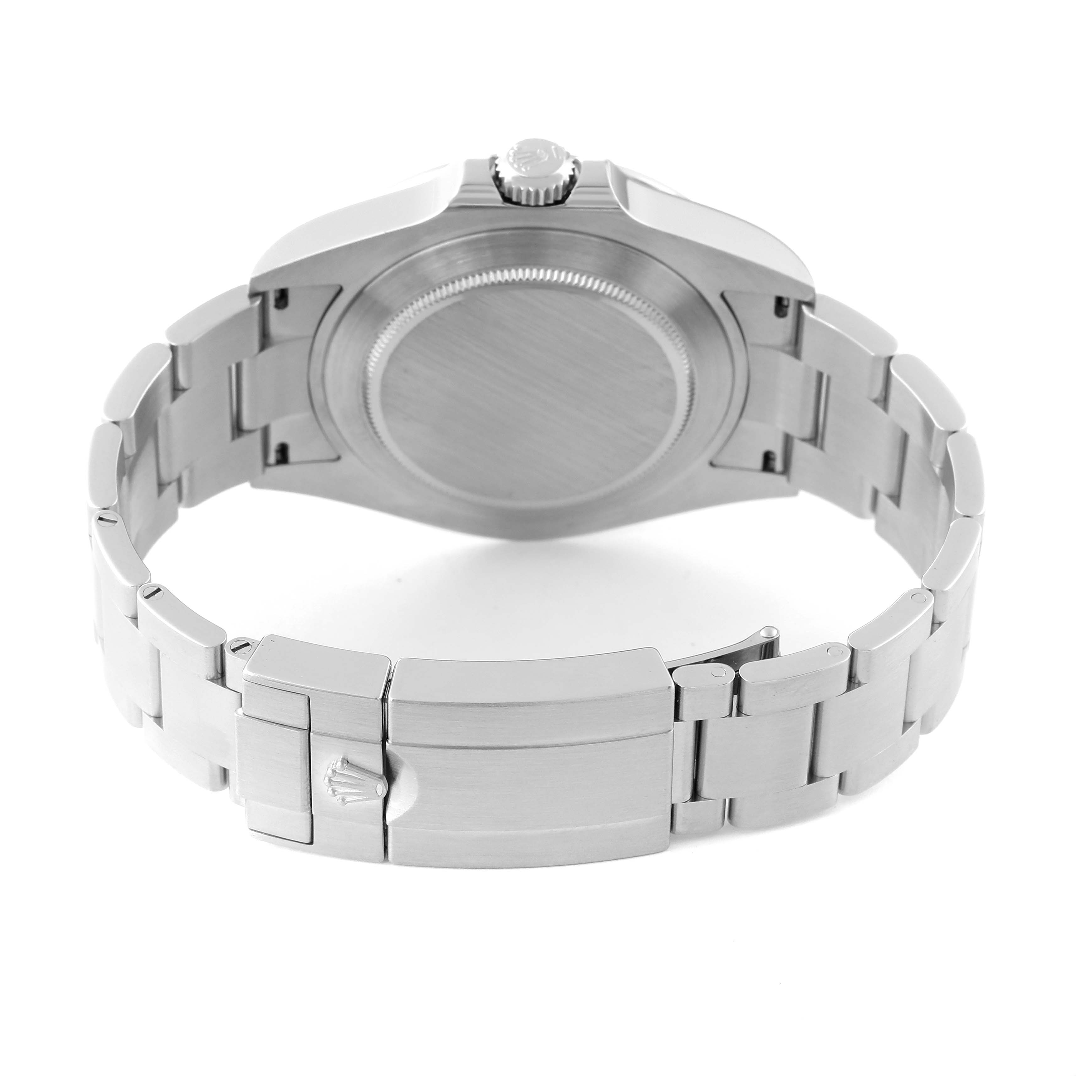 The image shows the back view of the Rolex Explorer 226570 Men's Stainless Steel White Dial 226570 Men's Stainless Steel White Dial watch, including the case back, crown, and metal bracelet with clasp.