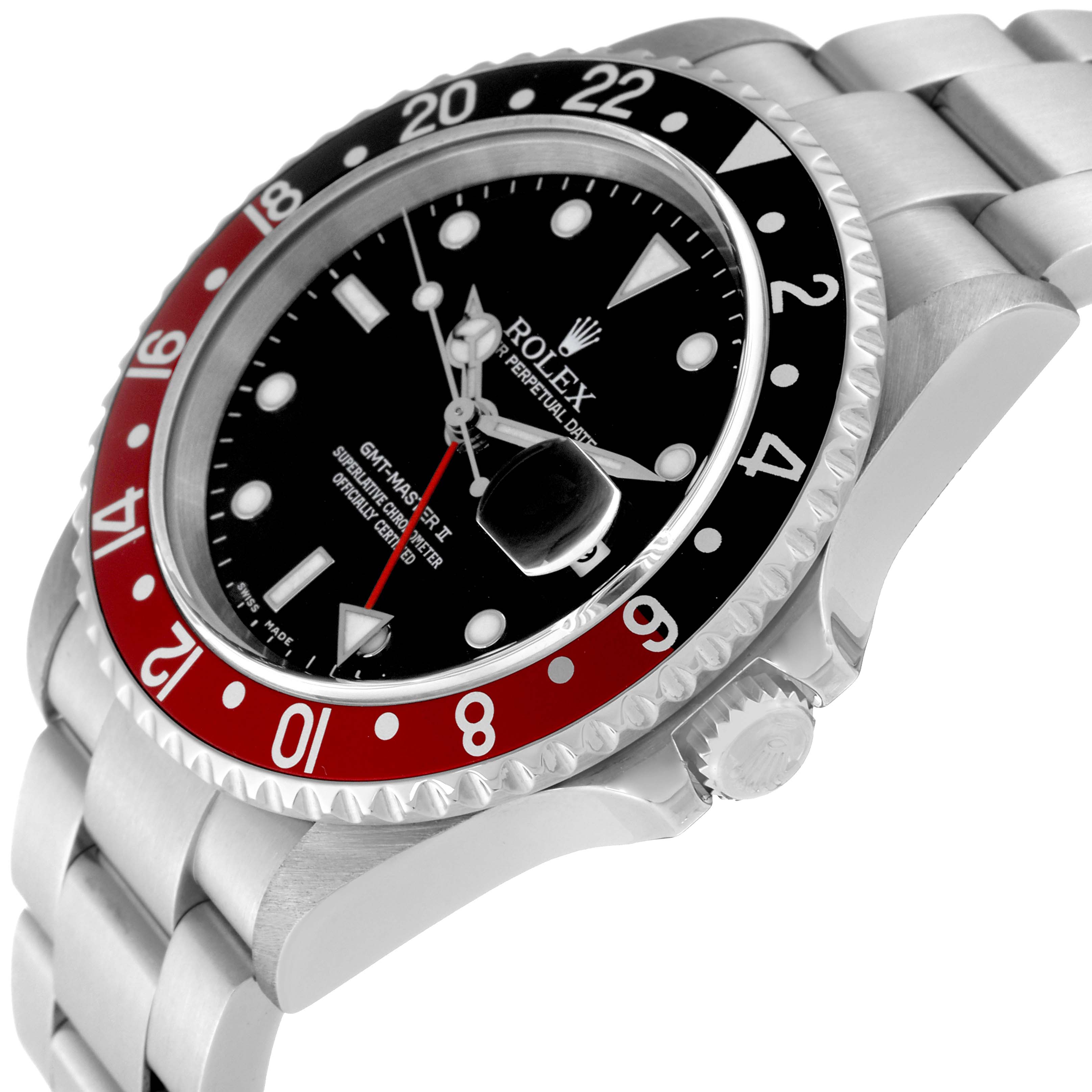 This image shows a side angle view of the Rolex GMT-Master 16710 Men
s Stainless Steel Black Dial 16710 Men
s Stainless Steel Black Dial watch, displaying its bezel, crown, and bracelet.