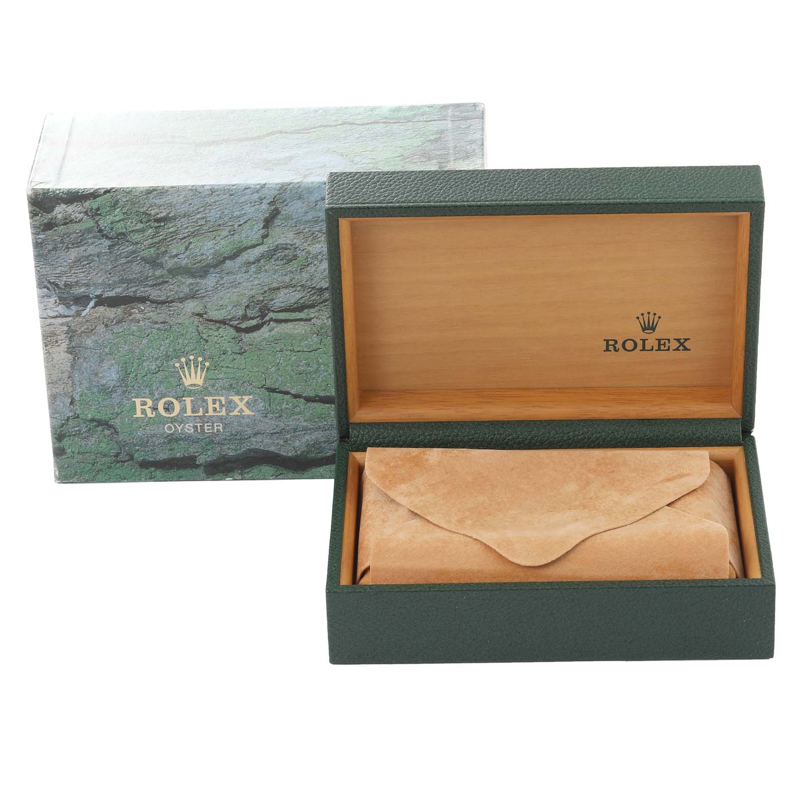 The image shows an open Rolex GMT-Master 16710 Men
s Stainless Steel Black Dial 16710 Men
s Stainless Steel Black Dial watch box and its pouch at a front angle.