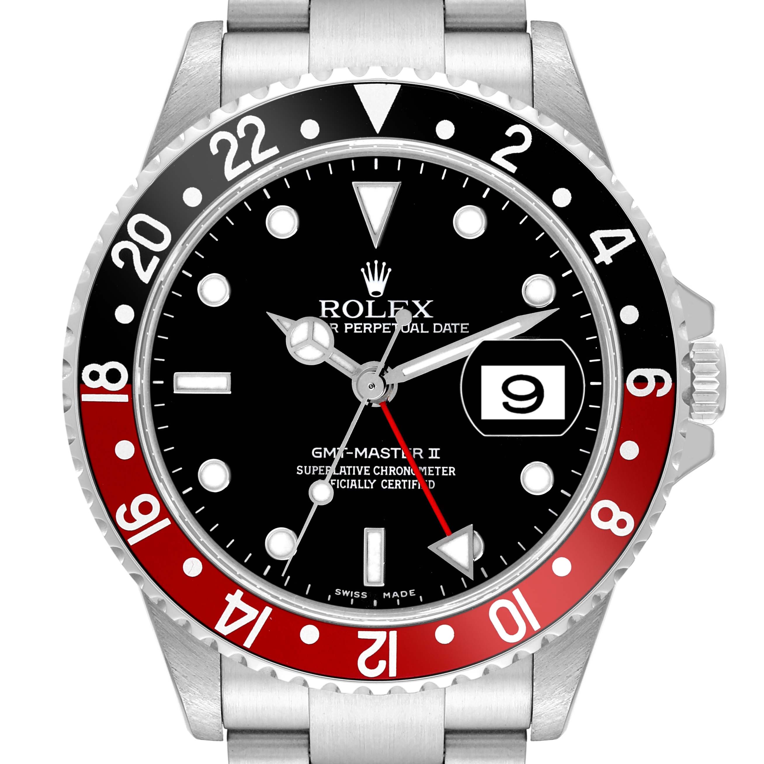 This image shows a front view of a Rolex GMT-Master 16710 Men
s Stainless Steel Black Dial 16710 Men
s Stainless Steel Black Dial II watch, displaying the dial, bezel, date, and part of the bracelet.