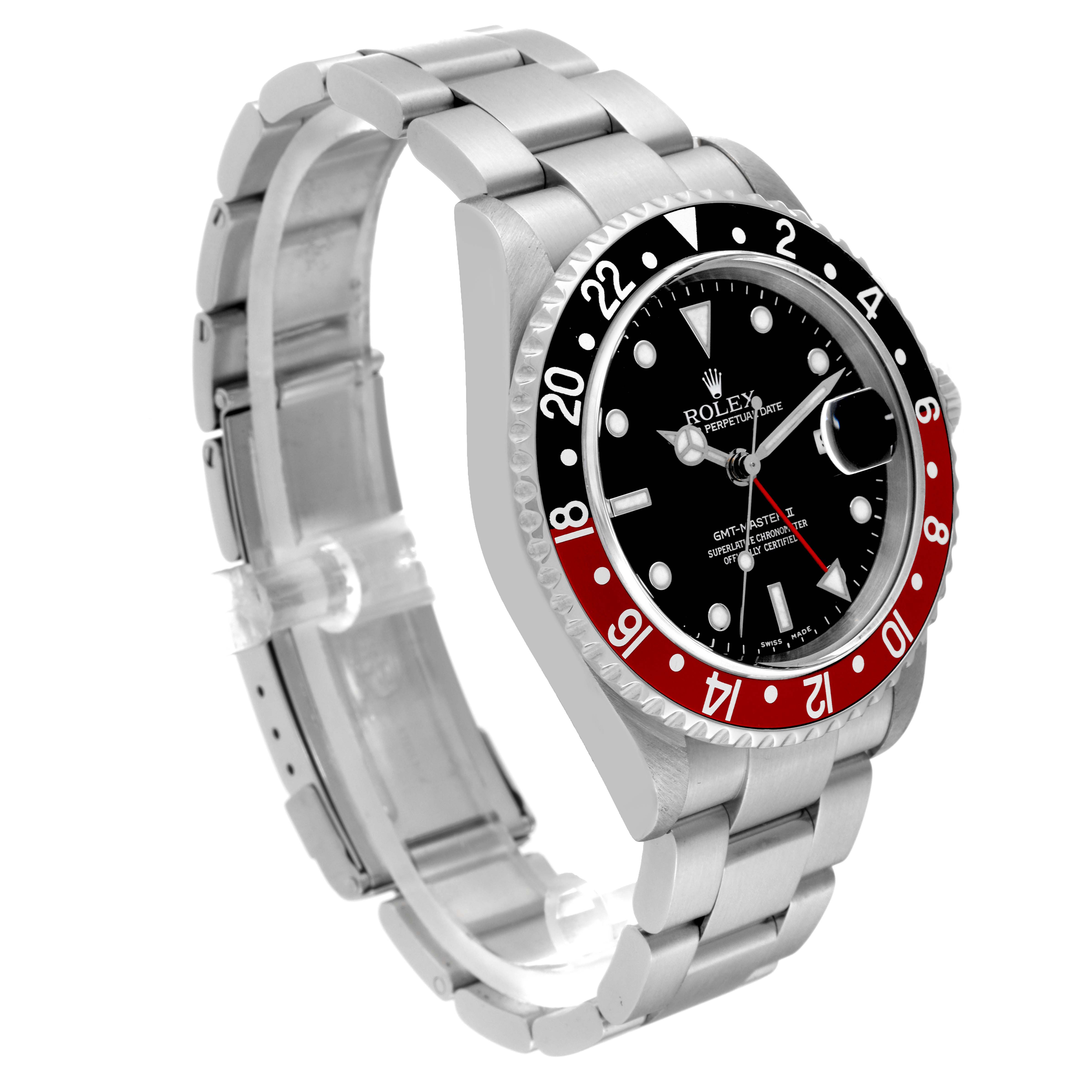 The image shows a side angle view of the Rolex GMT-Master 16710 Men
s Stainless Steel Black Dial 16710 Men
s Stainless Steel Black Dial watch, highlighting its bezel, dial, and bracelet.