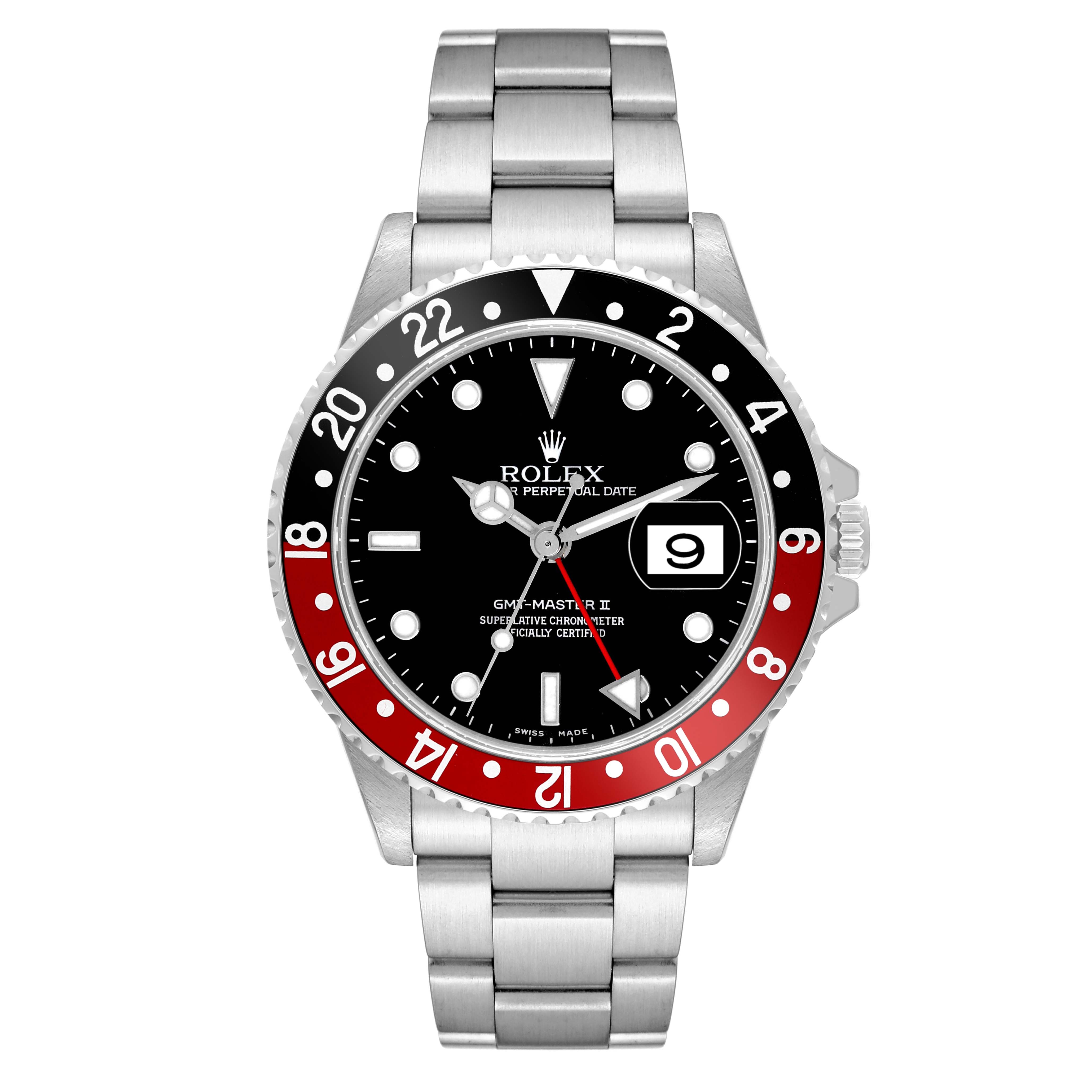 The image shows a front view of a Rolex GMT-Master 16710 Men
s Stainless Steel Black Dial 16710 Men
s Stainless Steel Black Dial II watch, highlighting the bezel, dial, hands, and bracelet.