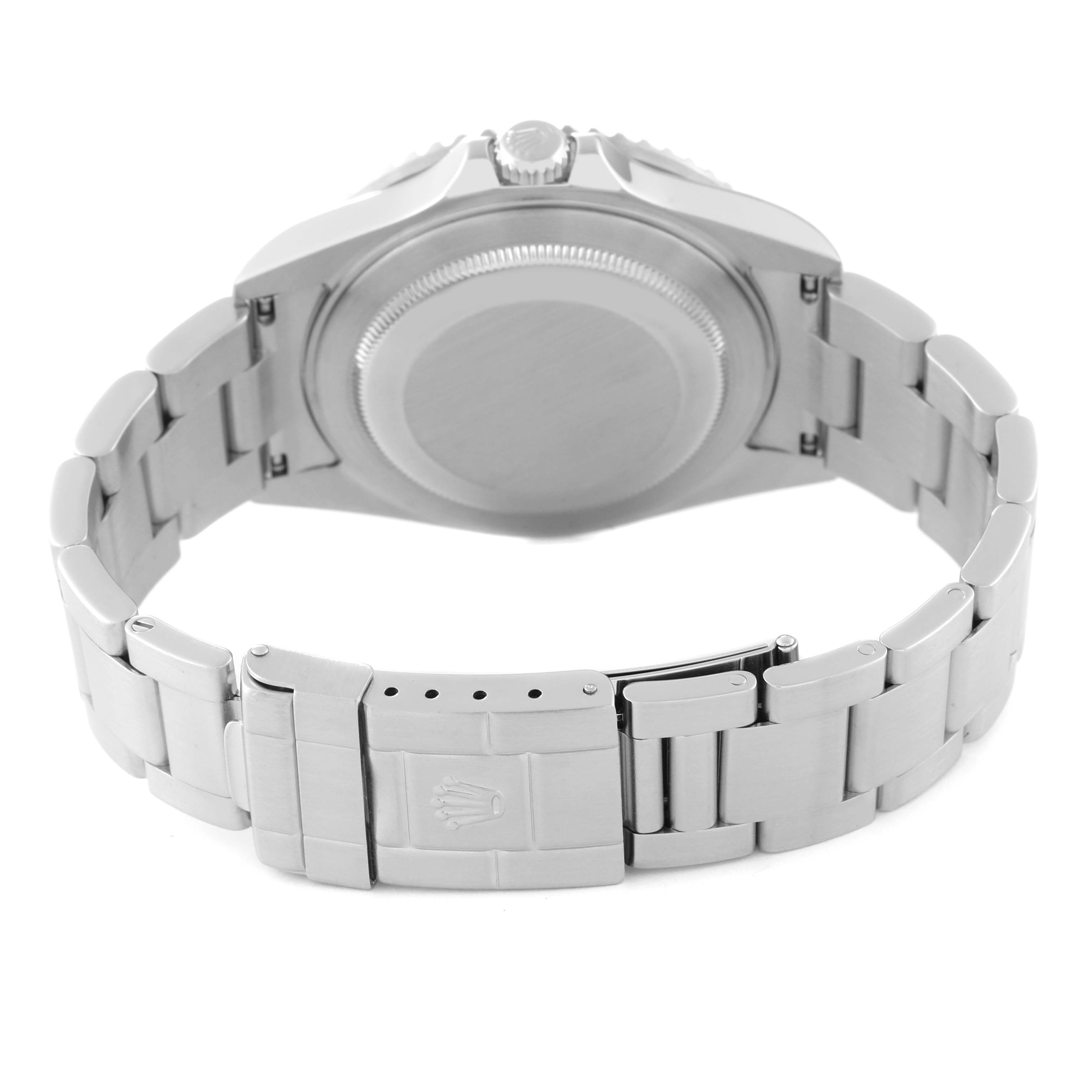 The image shows the back view of a Rolex GMT-Master 16710 Men
s Stainless Steel Black Dial 16710 Men
s Stainless Steel Black Dial watch, highlighting the case back and bracelet with the clasp.