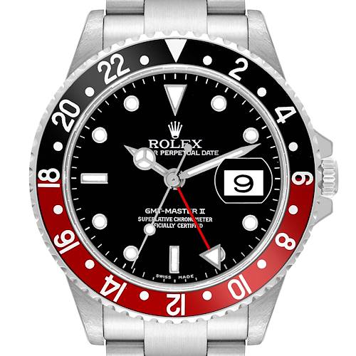 This is a front view of the Rolex GMT-Master II watch, showing the dial, bezel, date window, and part of the bracelet.