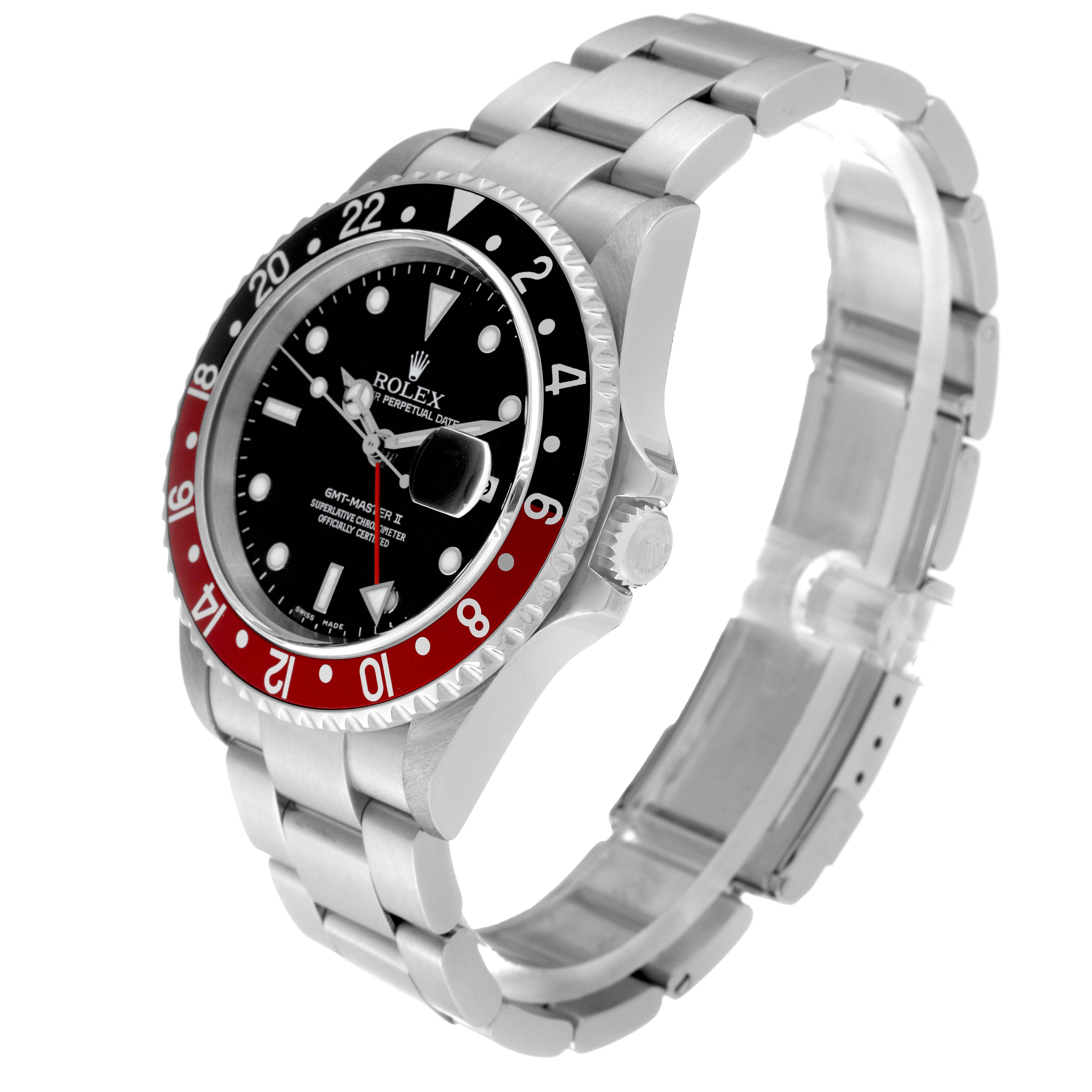 This image shows a side and slightly top view of a Rolex GMT-Master 16710 Men
s Stainless Steel Black Dial 16710 Men
s Stainless Steel Black Dial II watch, displaying its bezel, face, case, and bracelet.