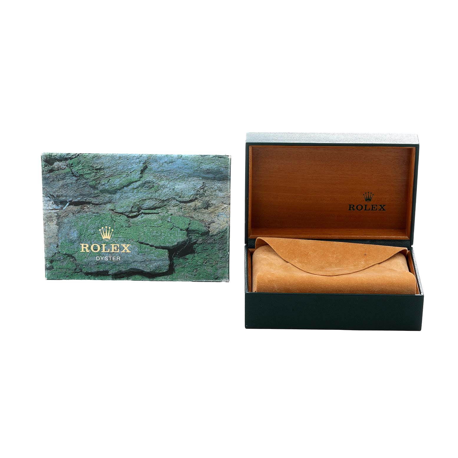 The image shows the packaging for a Rolex GMT-Master 16710 Men's Stainless Steel Black Dial, including an outer box and an open wooden inner box with a cushion.