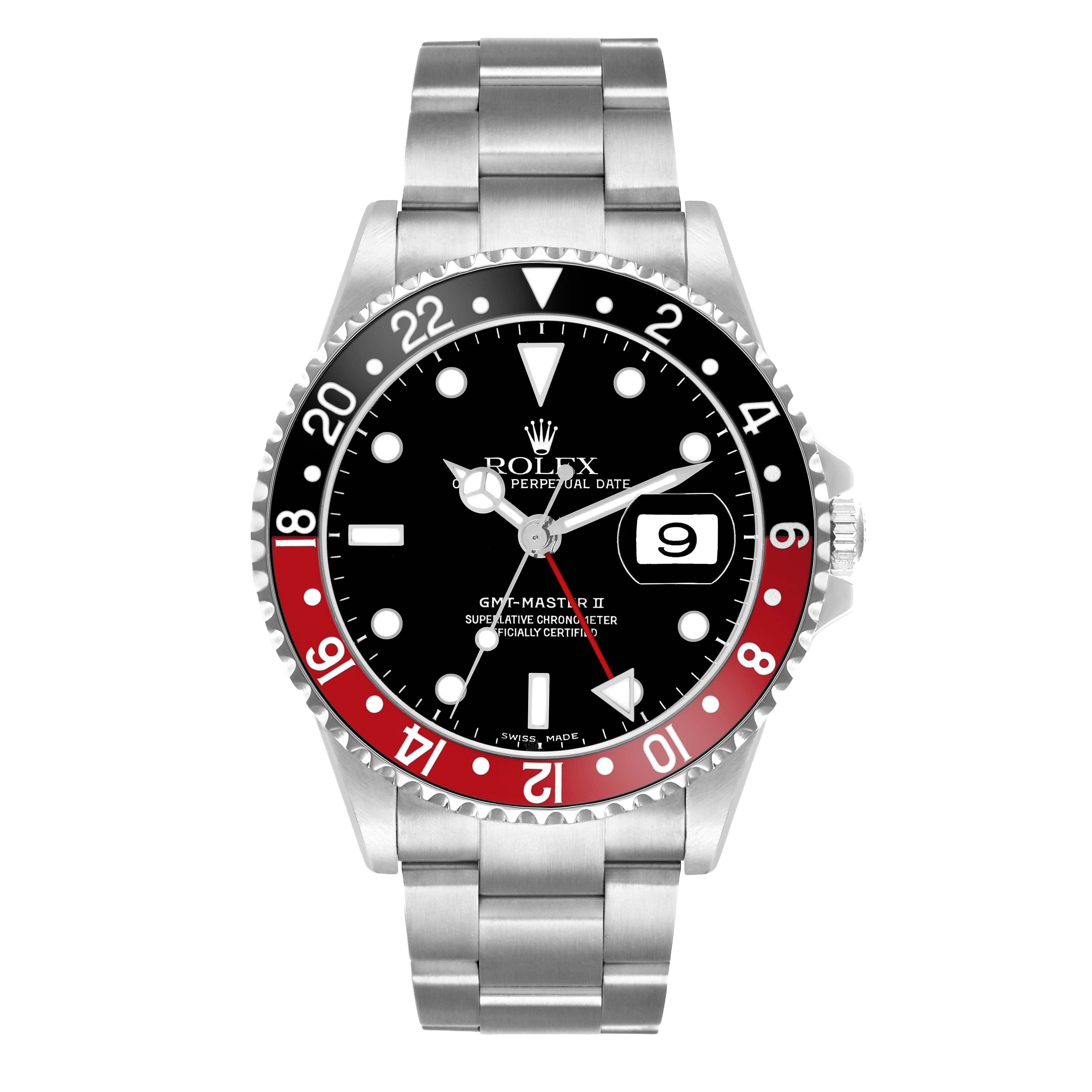 The Rolex GMT-Master 16710 Men's Stainless Steel Black Dial II is shown from the front, displaying its bezel, dial, bracelet, and crown.