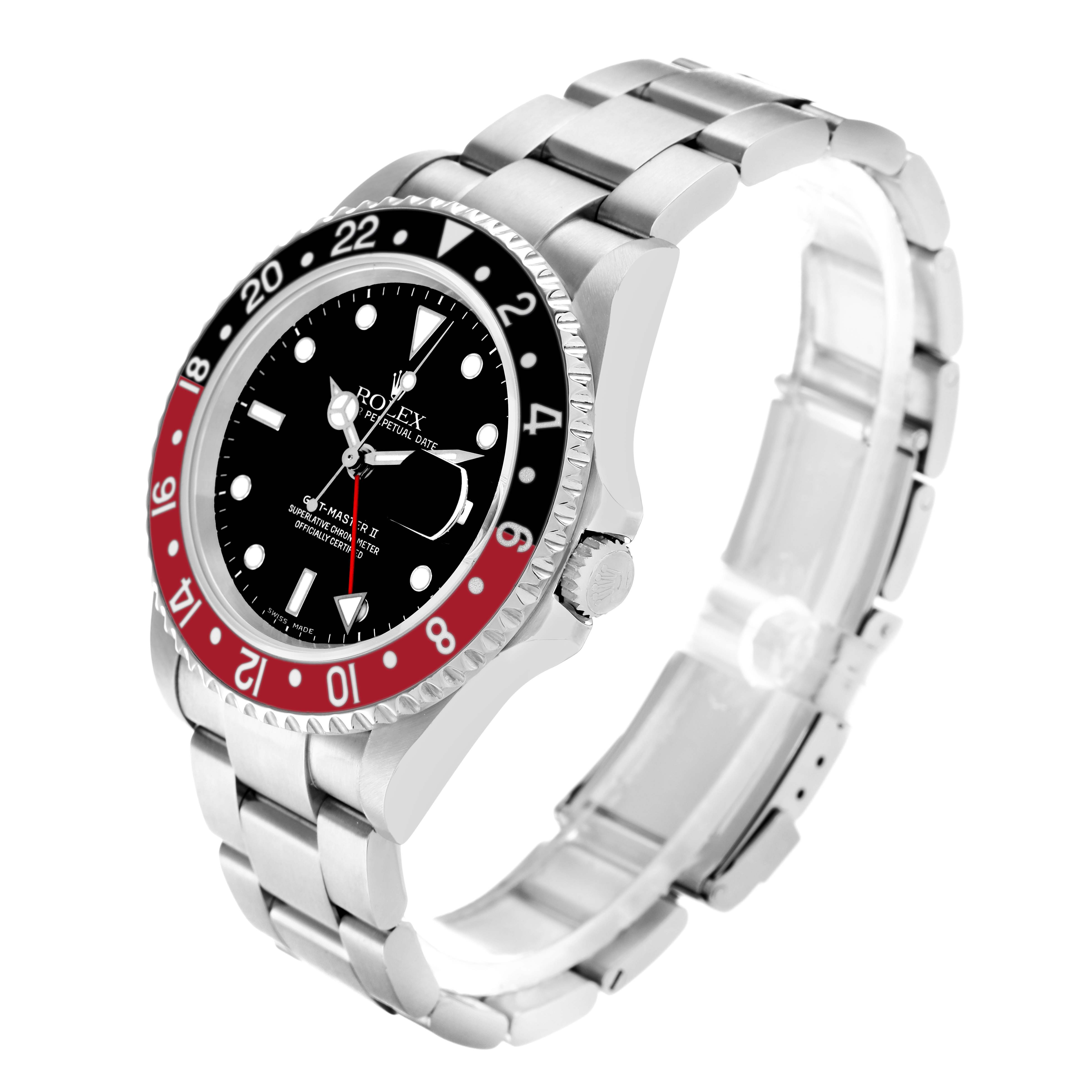 The Rolex GMT-Master 16710 Men's Stainless Steel Black Dial watch is shown at a slight side angle, displaying the face, bezel, and part of the bracelet.