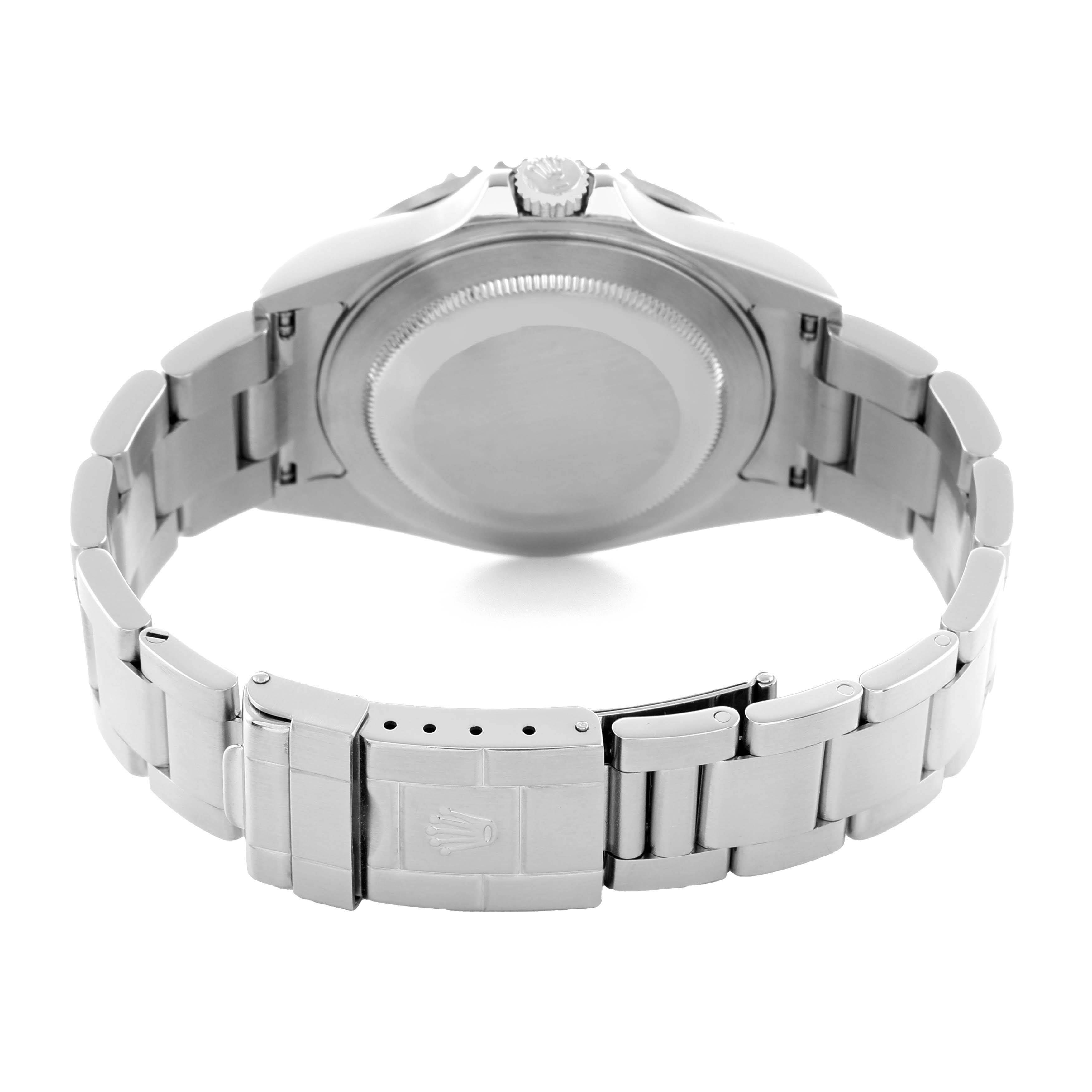 The image shows the back case and clasp of a Rolex GMT-Master 16710 Men's Stainless Steel Black Dial watch from a rear angle.