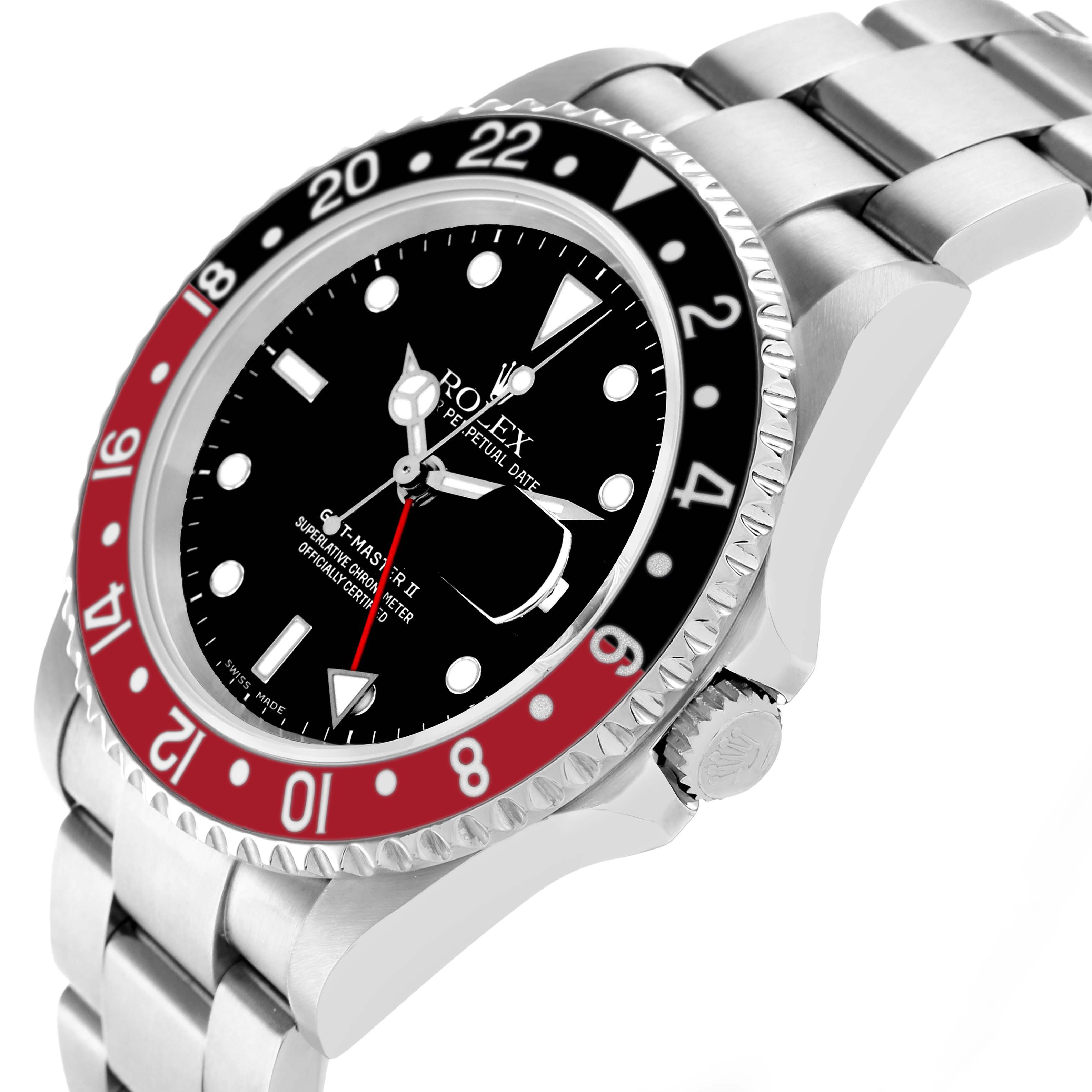 The image shows a Rolex GMT-Master 16710 Men's Stainless Steel Black Dial II watch from a side angle, highlighting the bezel, dial, case, and bracelet.