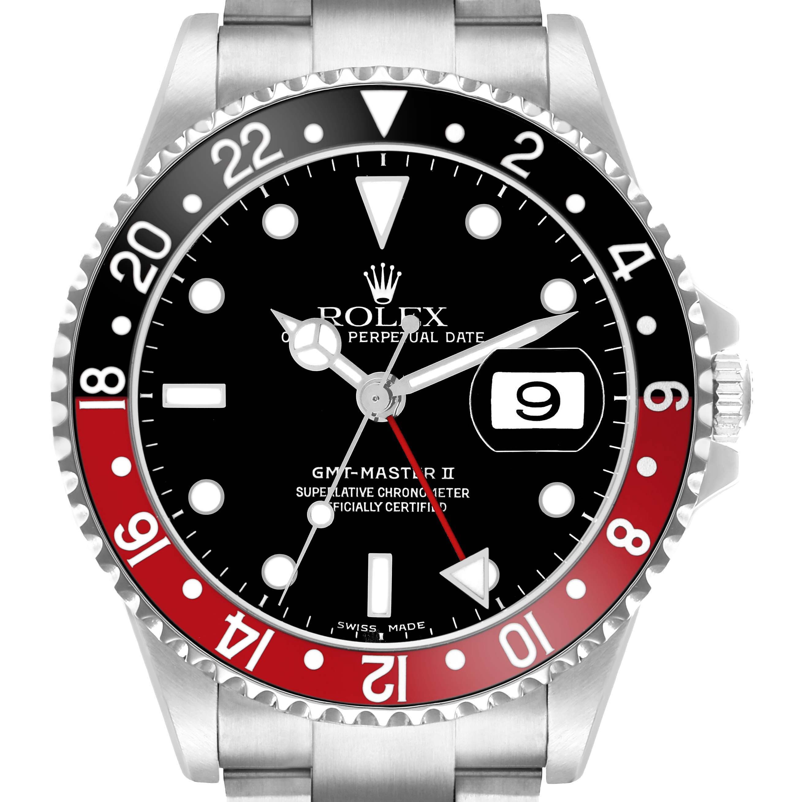 The image shows a frontal view of the Rolex GMT-Master 16710 Men's Stainless Steel Black Dial II watch, highlighting the bezel, dial, and date window.