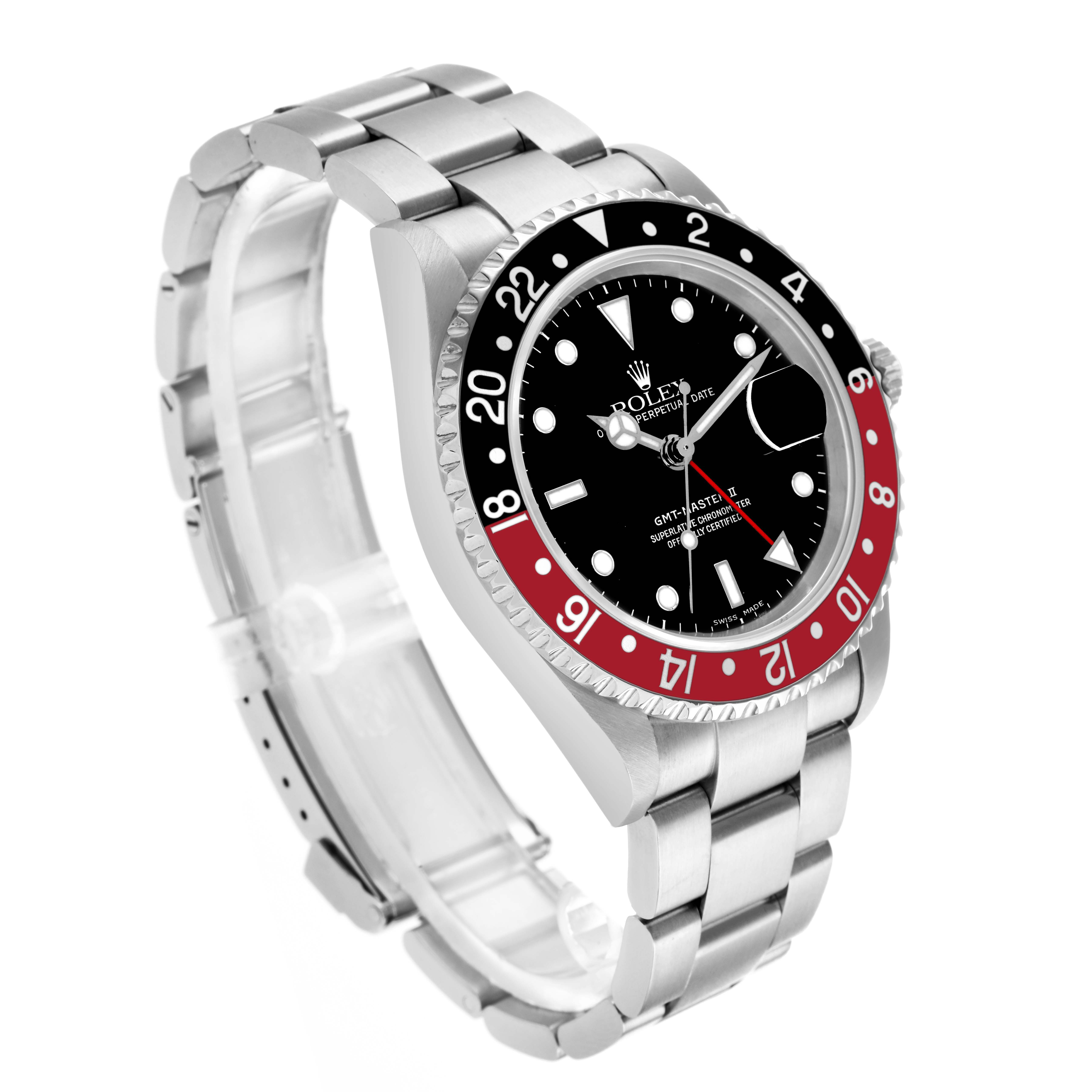 The Rolex GMT-Master 16710 Men's Stainless Steel Black Dial watch is shown at a slight angle, highlighting the bezel, dial, bracelet, and case.