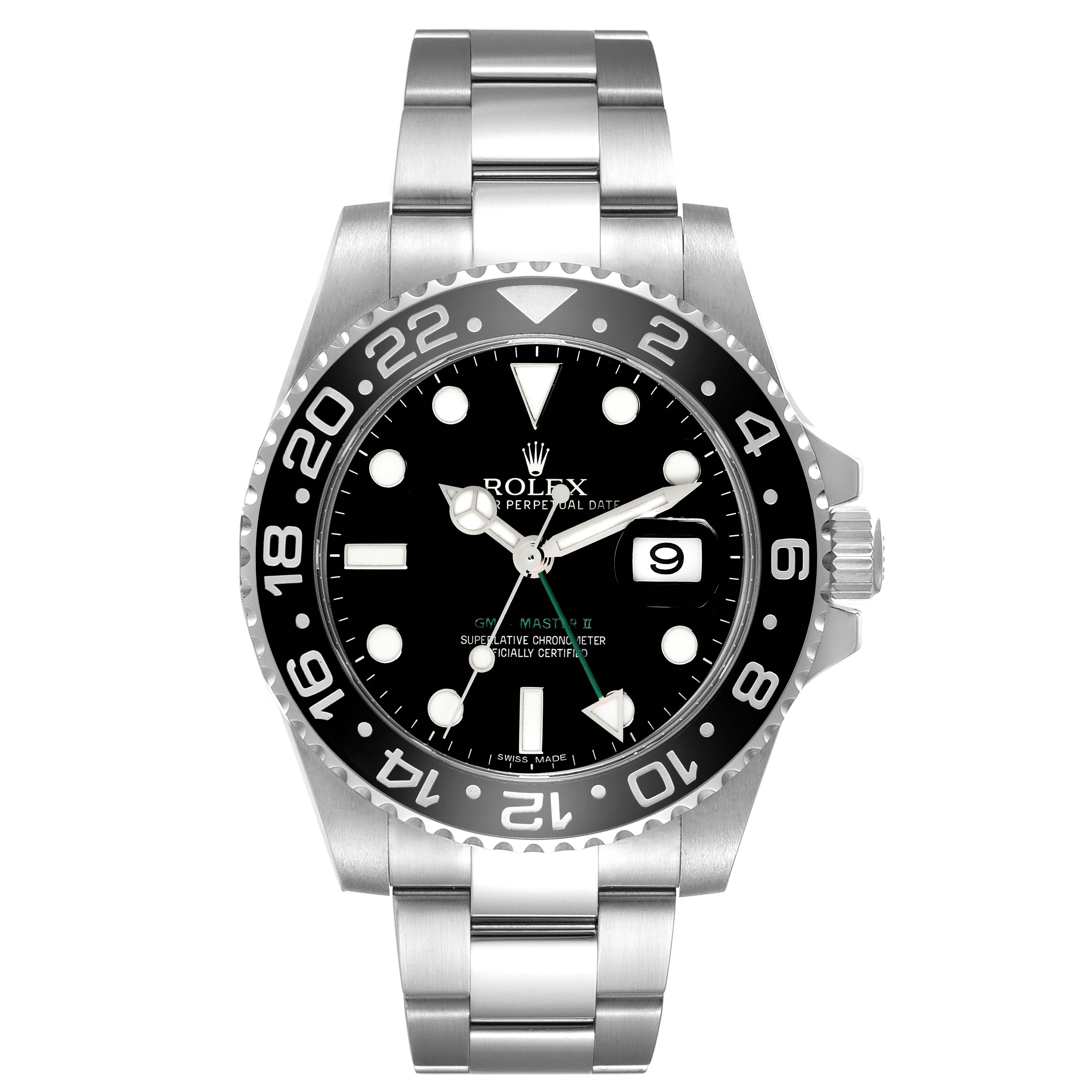 The Rolex GMT-Master 116710 Men's Stainless Steel Black Dial 116710 Men's Stainless Steel Black Dial watch is shown from the front, displaying its face, bezel, crown, and part of the bracelet.