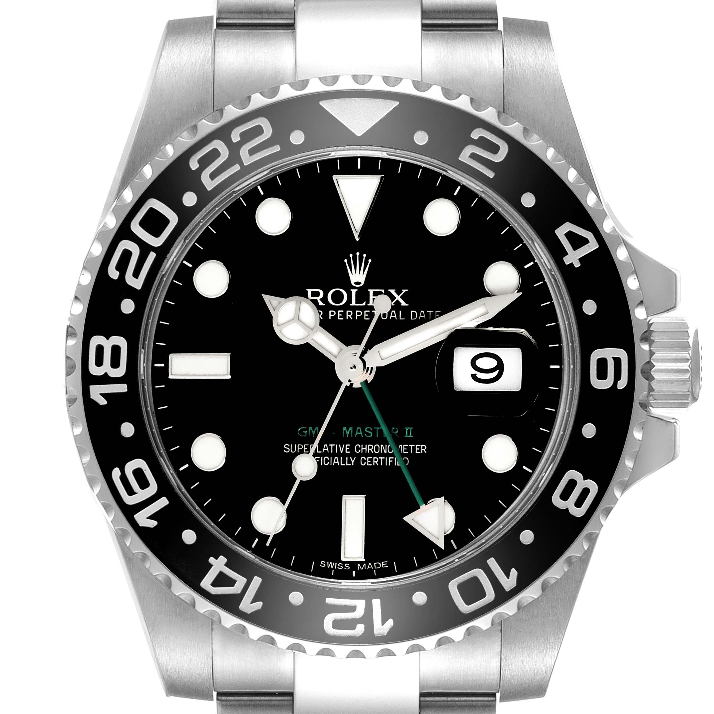 The image shows a front view of a Rolex GMT-Master 116710 Men's Stainless Steel Black Dial 116710 Men's Stainless Steel Black Dial II watch, highlighting its dial, bezel, hands, and part of the bracelet.