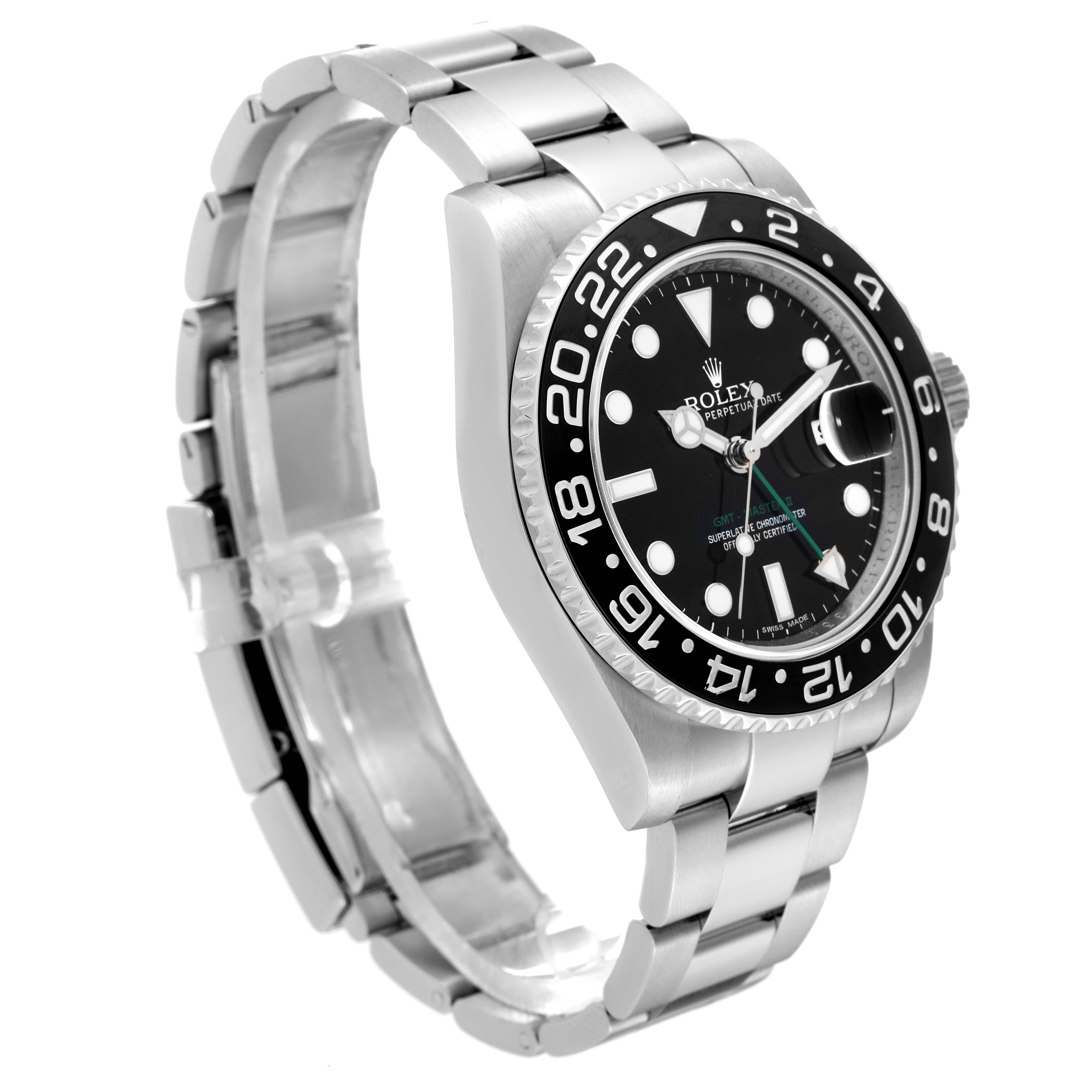 This image shows a side angle of the Rolex GMT-Master 116710 Men's Stainless Steel Black Dial 116710 Men's Stainless Steel Black Dial watch, highlighting its black dial, bezel, and stainless steel bracelet.