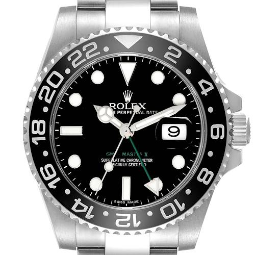 The image shows a frontal view of the Rolex GMT-Master II watch, highlighting the bezel, dial, hands, and date window.