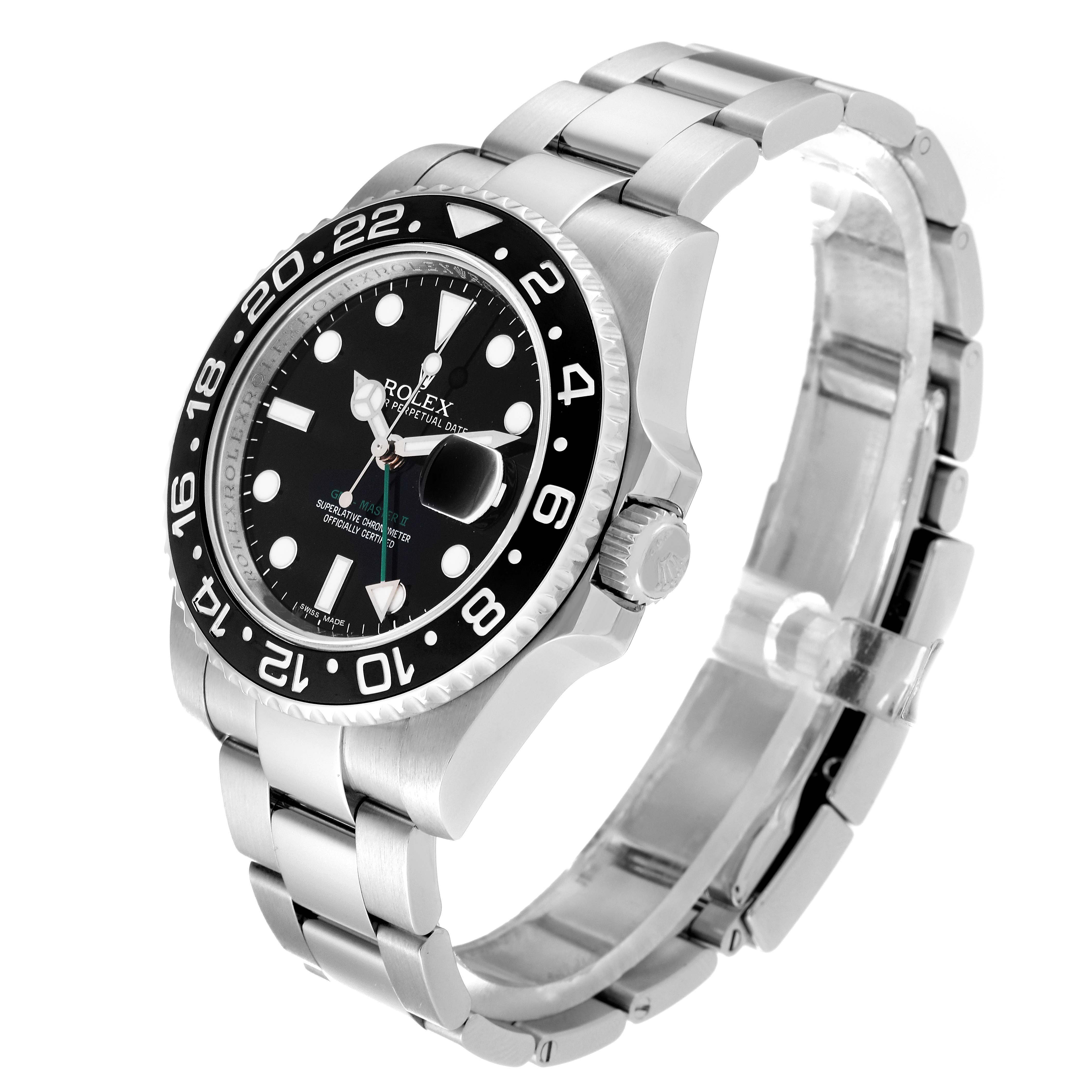 This is a side angle view of a Rolex GMT-Master 116710 Men's Stainless Steel Black Dial 116710 Men's Stainless Steel Black Dial watch showing the bezel, crown, dial, and bracelet.